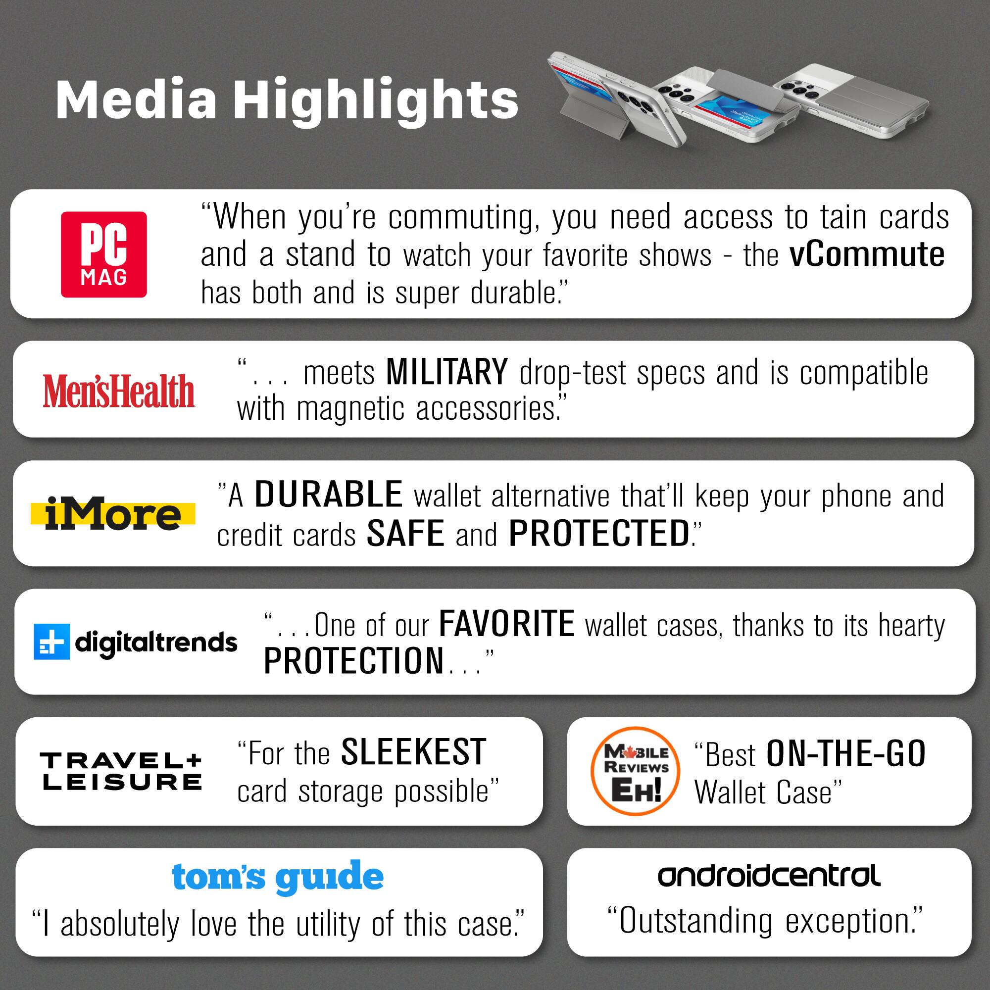Media Highlights

PC MAG  
"When you're commuting, you need access to train cards and a stand to watch your favorite shows - the vCommute has both and is super durable."

Men's Health  
"... meets MILITARY drop-test specs and is compatible with magnetic accessories."

iMore  
"A DURABLE wallet alternative that'll keep your phone and credit cards SAFE and PROTECTED."

digitaltrends  
"... One of our FAVORITE wallet cases, thanks to its hearty PROTECTION ..."

TRAVEL+ LEISURE  
"For the SLEEKEST card storage possible"

tom's guide  
"I absolutely love the utility of this case."

MOBILE REVIEWS Eh!  
"Best ON-THE-GO Wallet Case"

androidcentral  
"Outstanding exception."