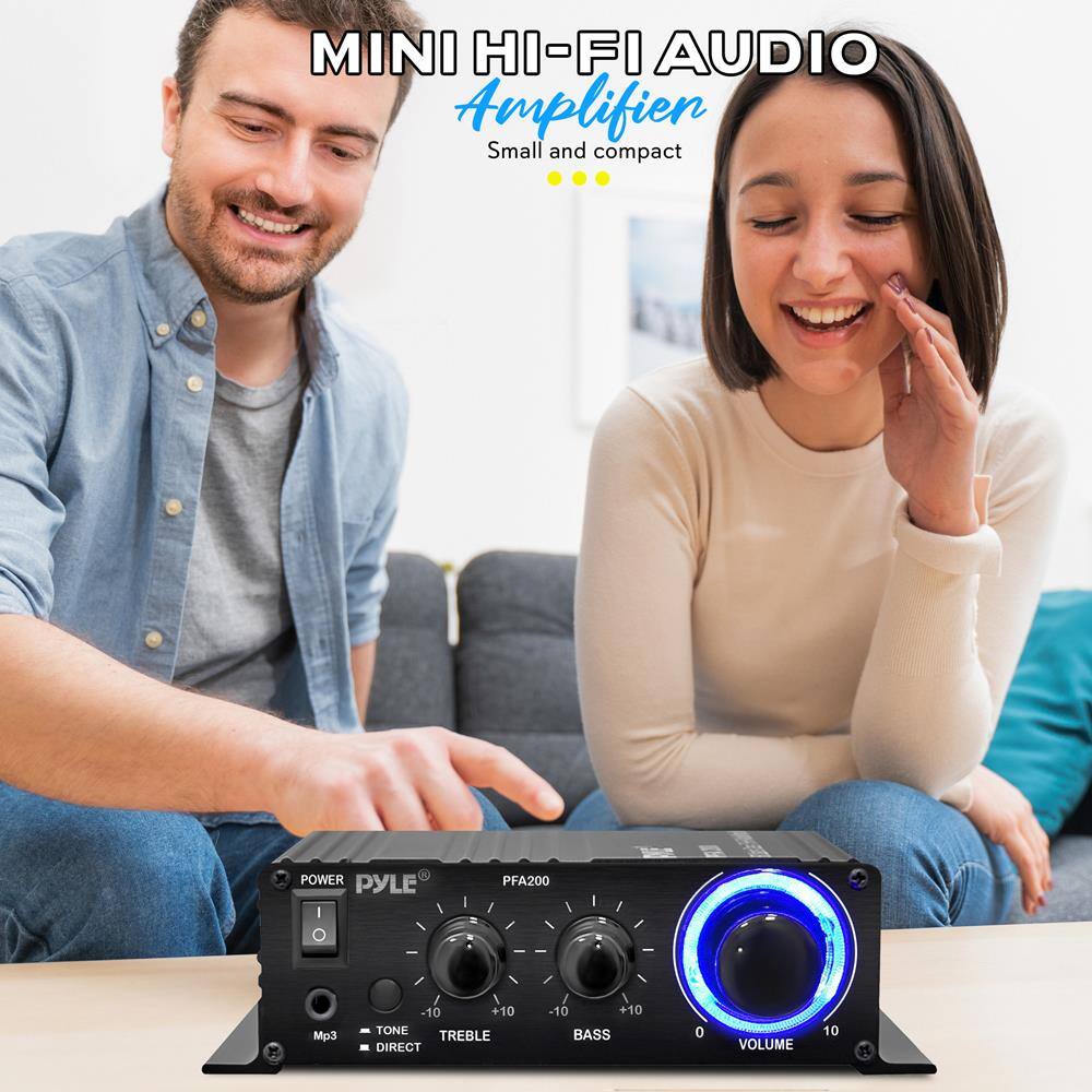MINI HI-FI AUDIO Amplifier  
Small and compact  

PYLE  
PFA200  

-10 +10 TONE  
-10 +10 TREBLE  
-10 +10 BASS  
0 VOLUME 10  

Mp3  
DIRECT