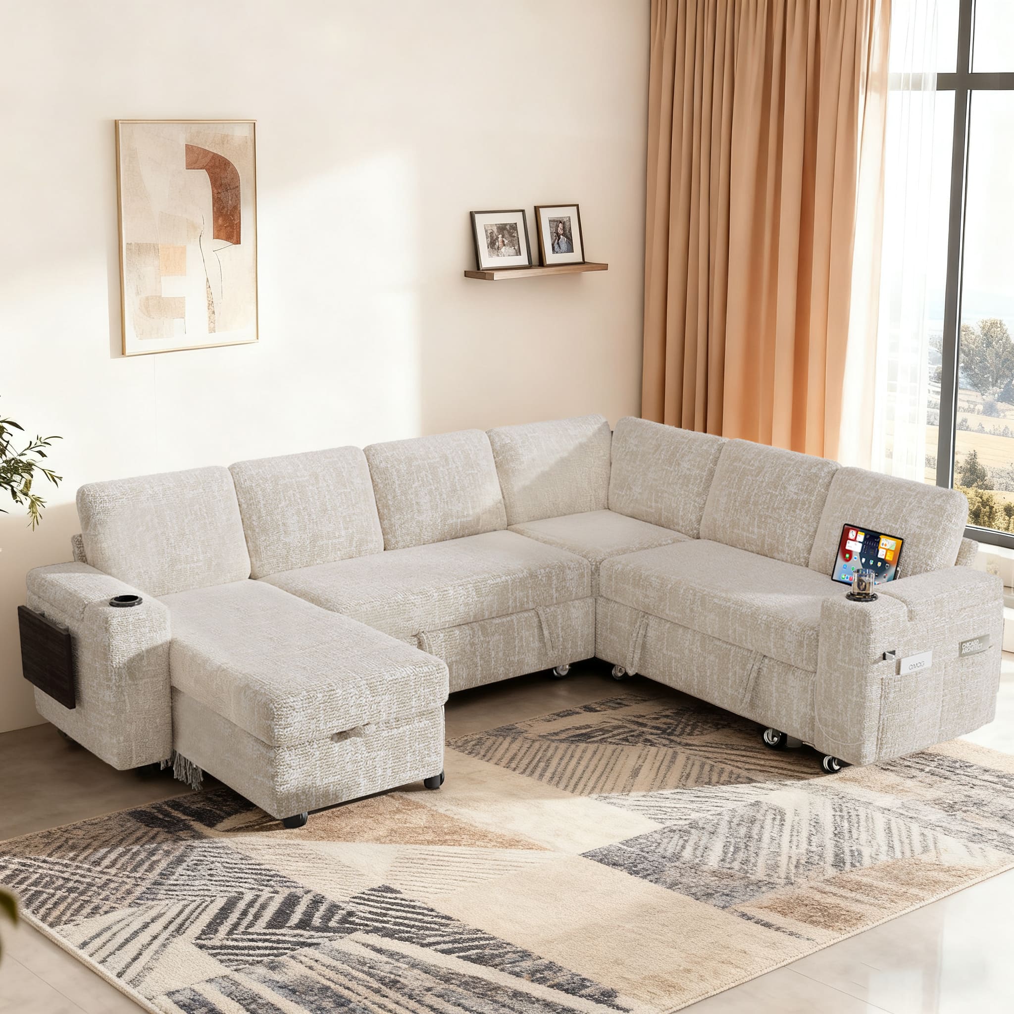 Vipbear - 110" Modular Sectional Sofa with Pull Out Bed,Chenille Fabric 7 Seat Sectional Sleeper Sofa with Storage,for Living Room - Beige