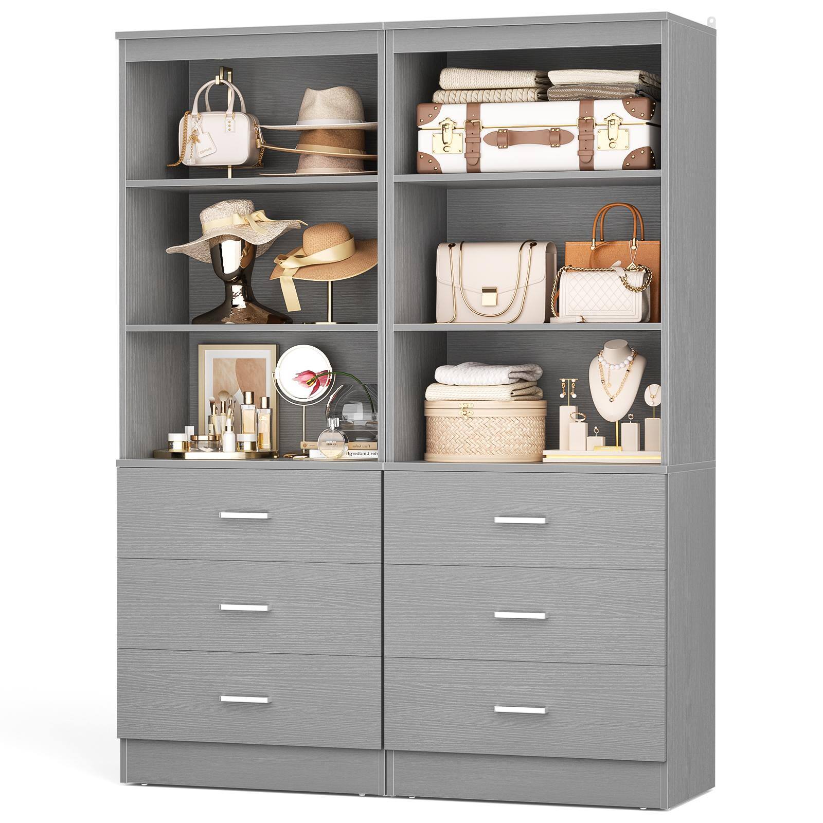 Back. Aheaplus - 71'' Tall Pantry Cabinet, Freestanding Kitchen Storage Cabinet with 3 Drawers and Shelves, 2 Pack - Gray.