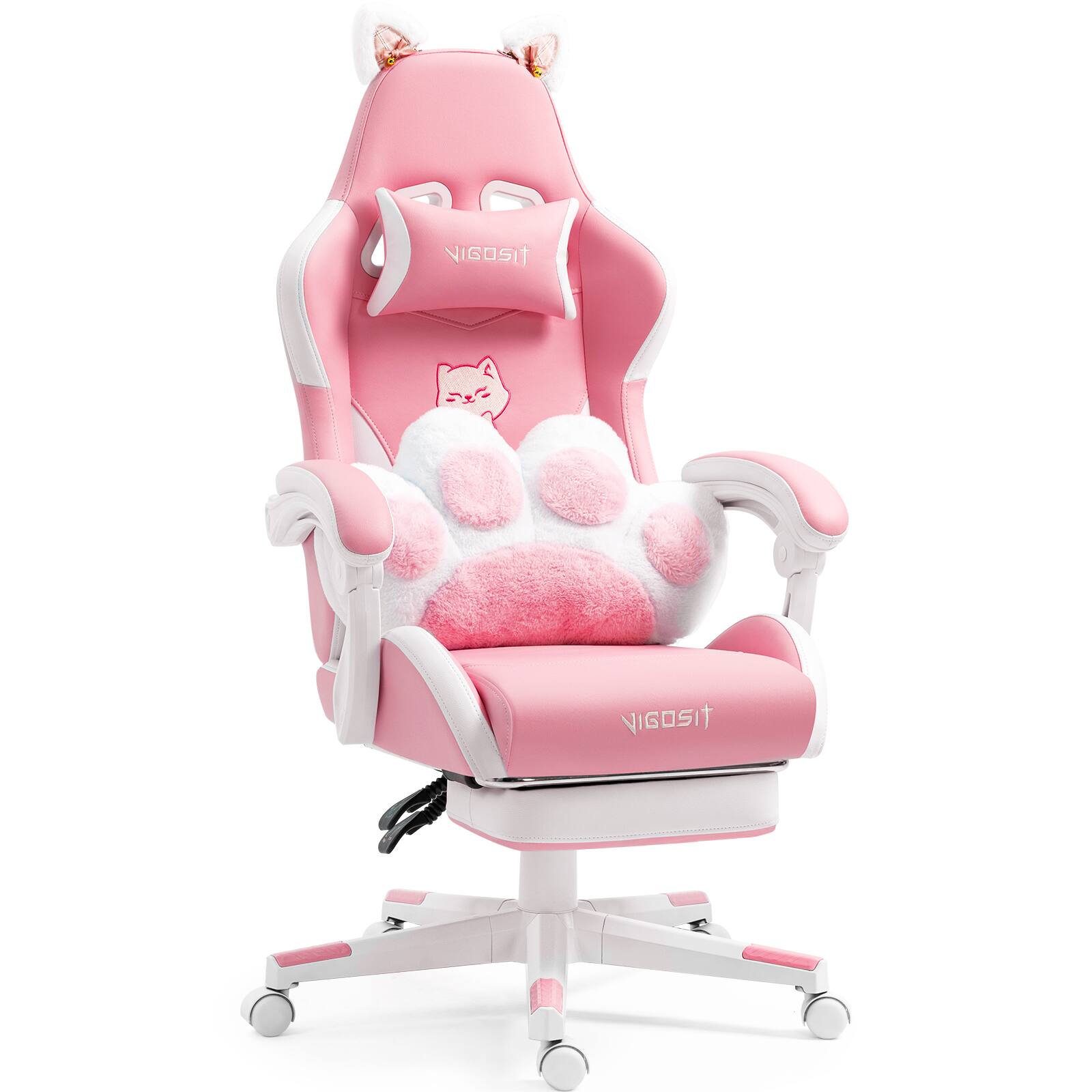 Aukfa - Cute Cat Gaming Chair with Paw Lumbar Cushion - PC Video Gamer Chair for Girl Teen Woman - Pink