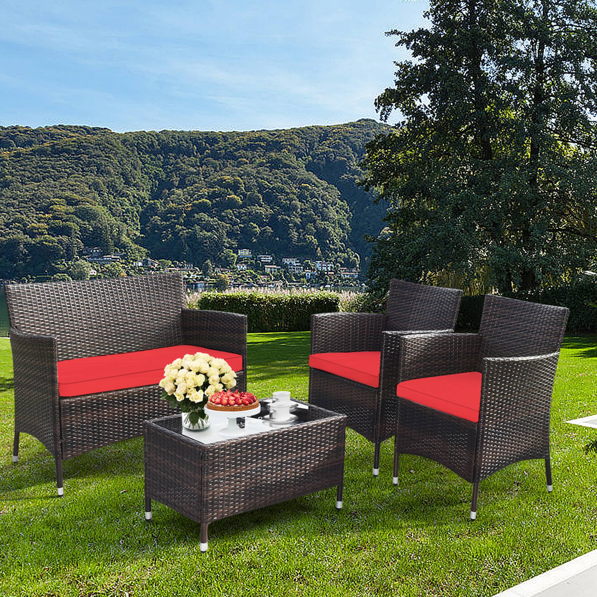 Alt View 2. Gymax - Gymax 4PCS Patio Rattan Conversation Furniture Set Outdoor w/ Red Cushion - Red.
