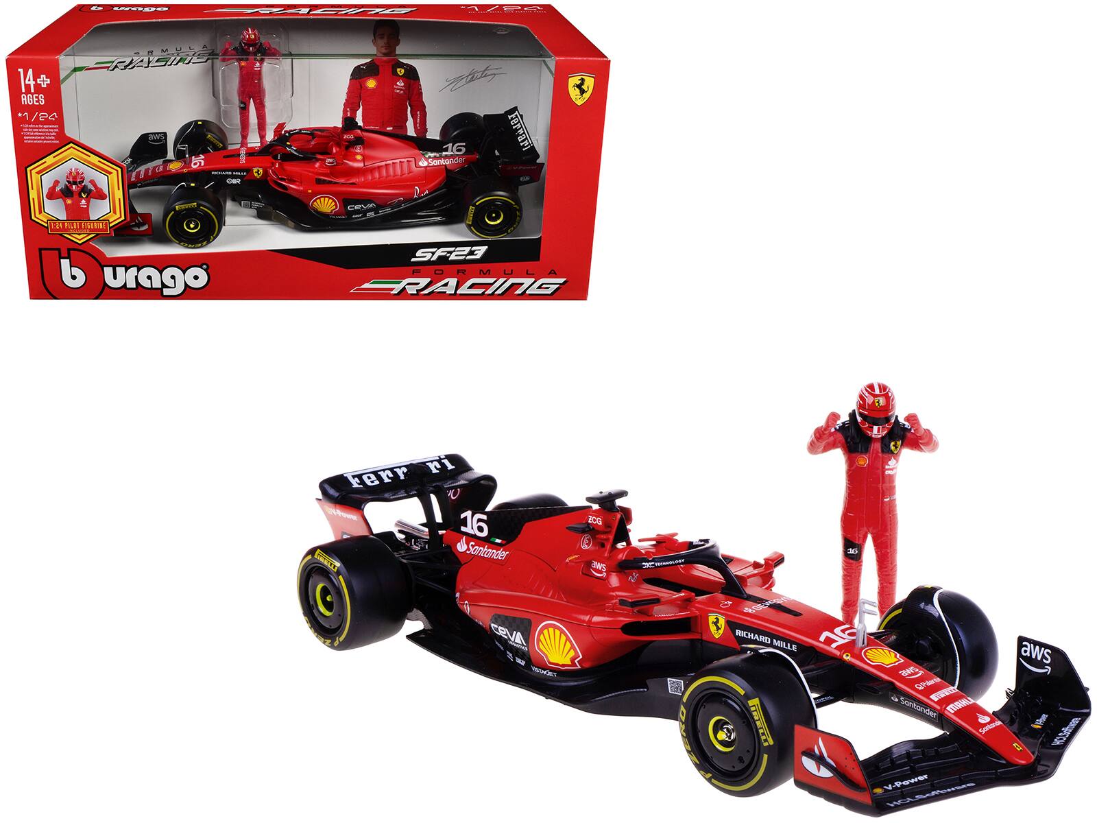 Bburago - Ferrari SF-23 #16 Charles Leclerc "Formula One F1 World Championship" (2023) with Driver Figure 1/24 Diecast - Red