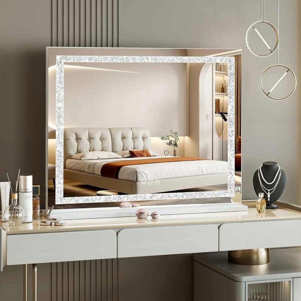 Kadyn - 31.5"x22.8" Lighted Mirror with Crystal Strip, 3 Color Modes, 10X Magnification & Smart Touch Control, White+Silver