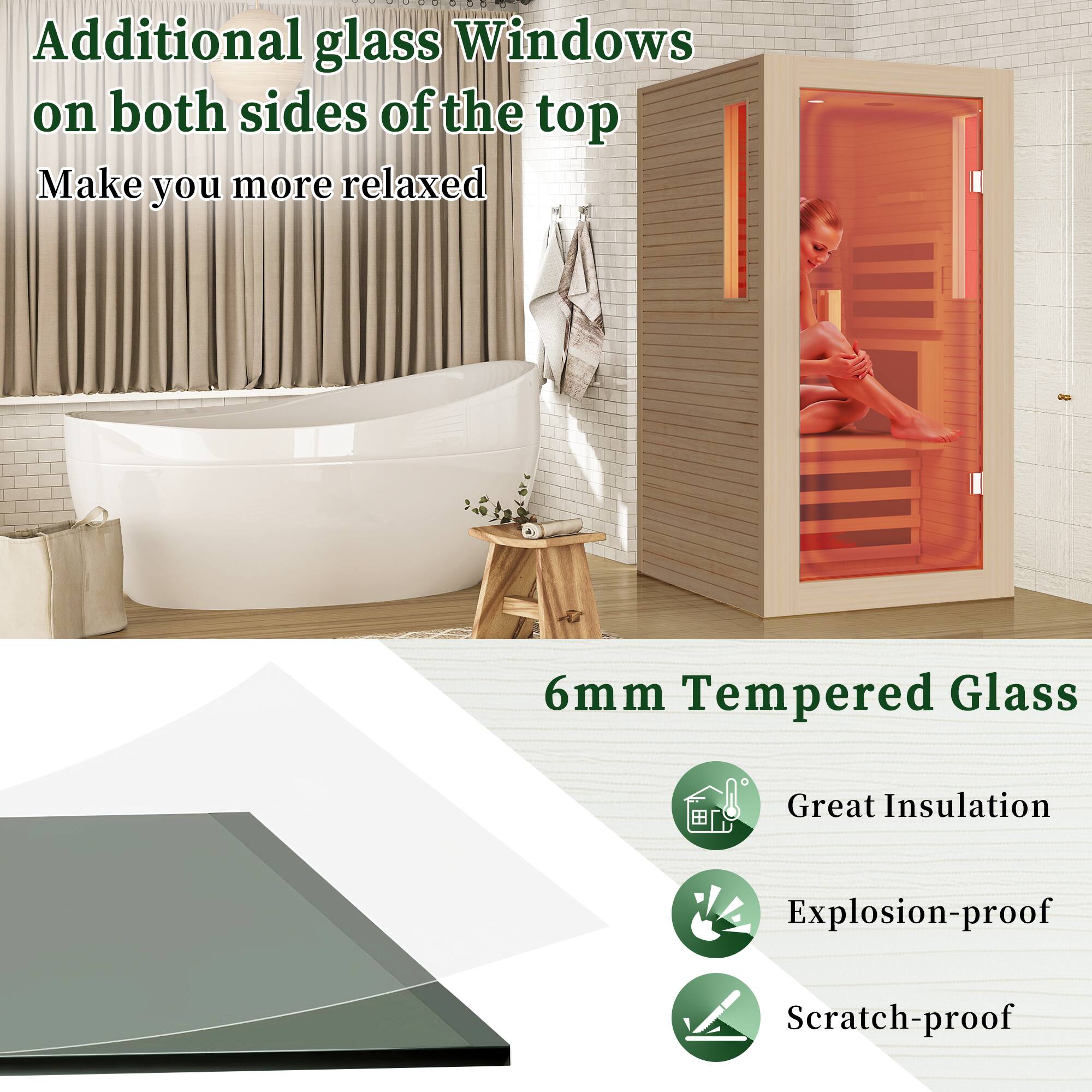Additional glass Windows on both sides of the top, Make you more relaxed, 6mm Tempered Glass, Great Insulation, Explosion-proof, Scratch-proof