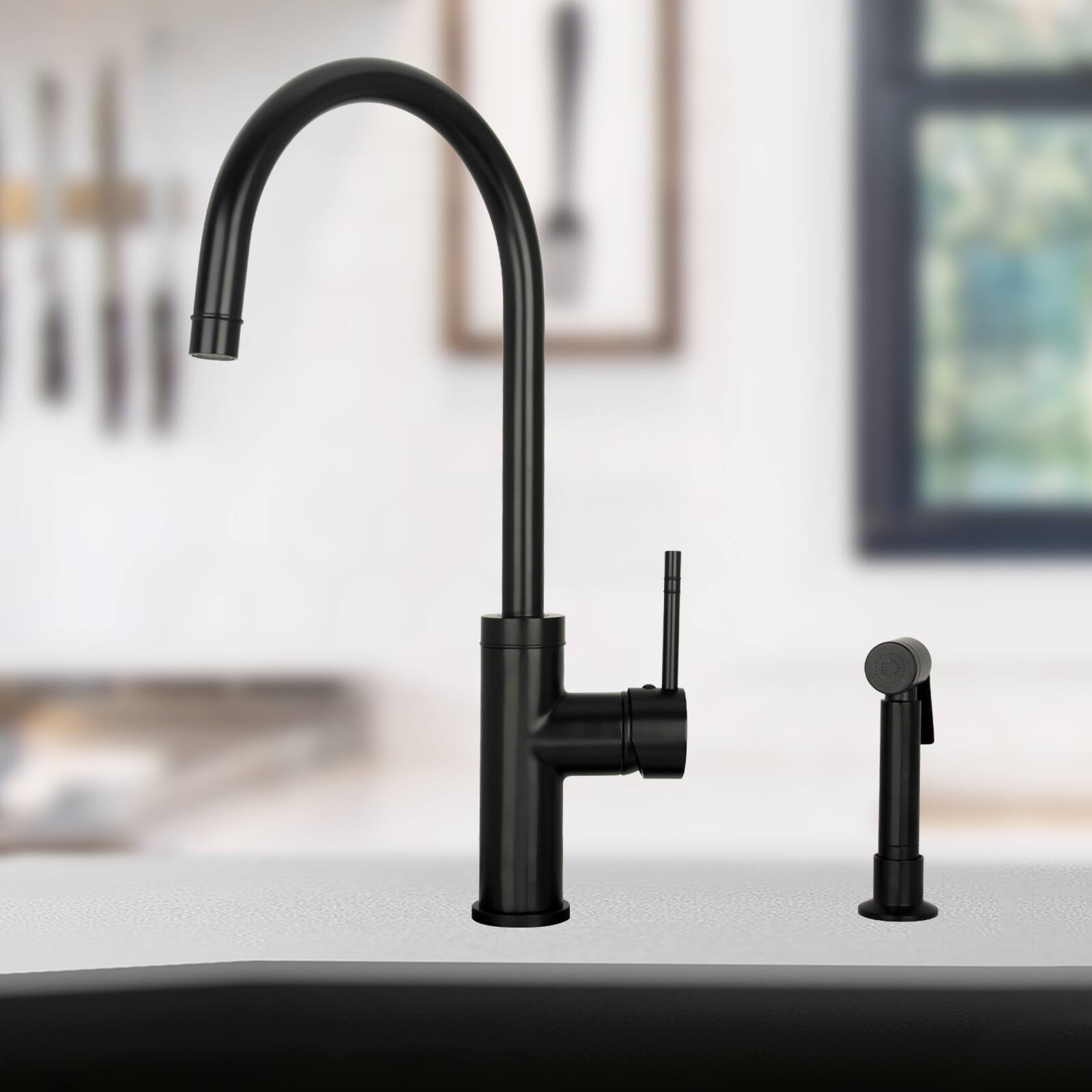 Alt View 7. Akicon - Akicon Solid Brass Single Handle 360° Swivel Widespread Kitchen Faucet with Side Sprayer in Matte Black - Matte Black.
