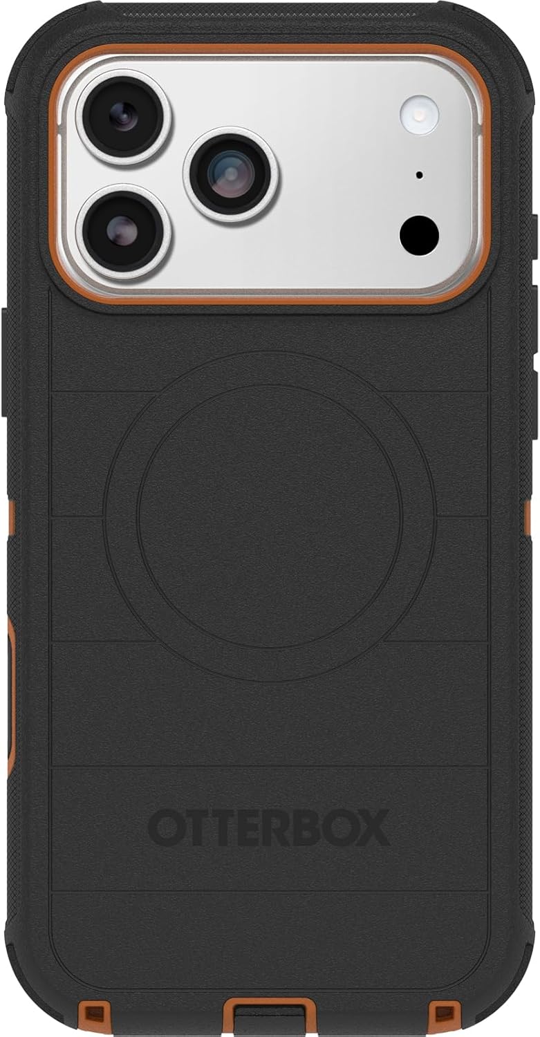 Left. OtterBox - OtterBox - Defender Series Pro Hard Shell for Apple iPhone 17 Pro Max - Black Chateau (Black & Orange).