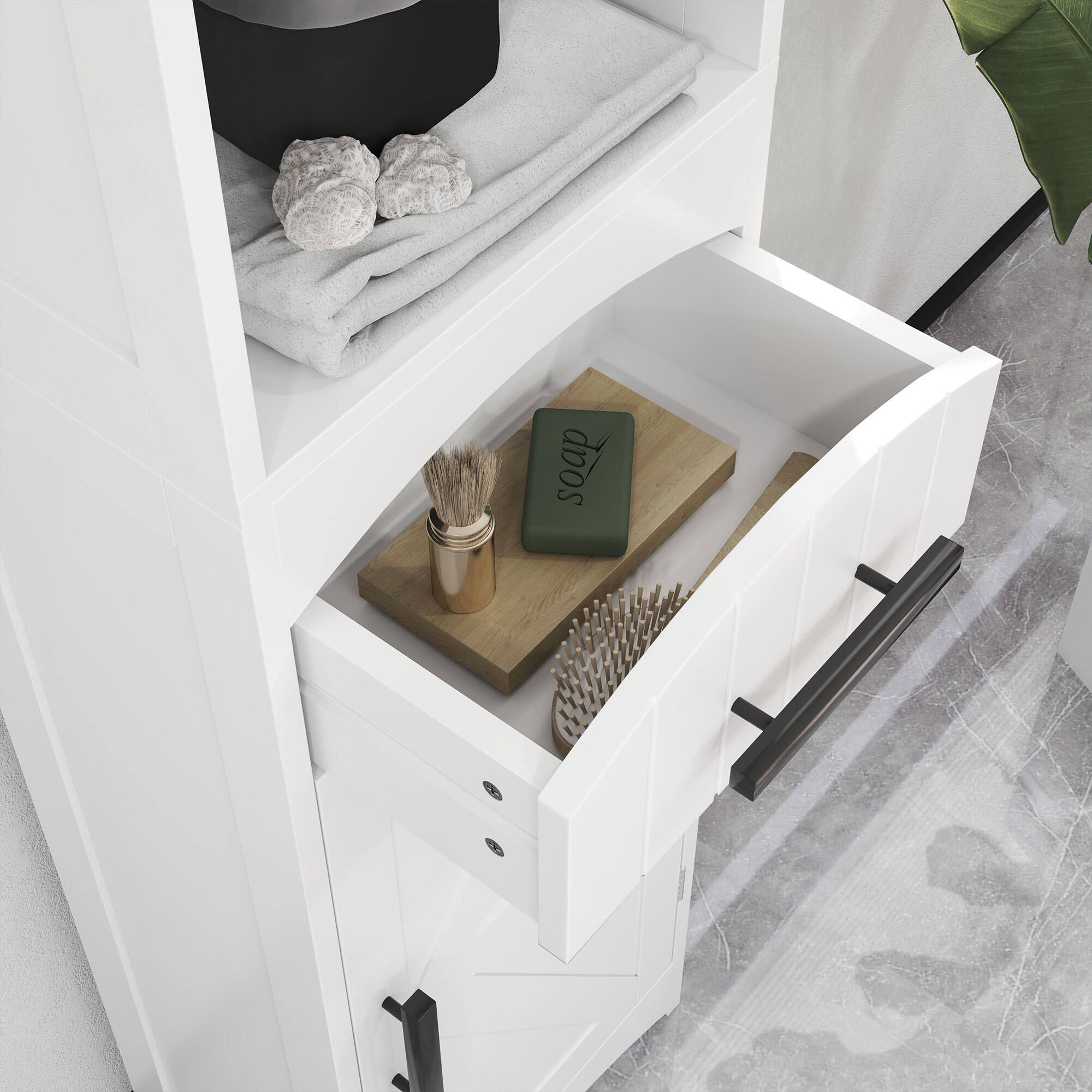 Alt View 7. Homcom - Tall Bathroom Storage Cabinet, Farmhouse Style with Recessed Drawer, Barn Door, and Linen Storage - White.