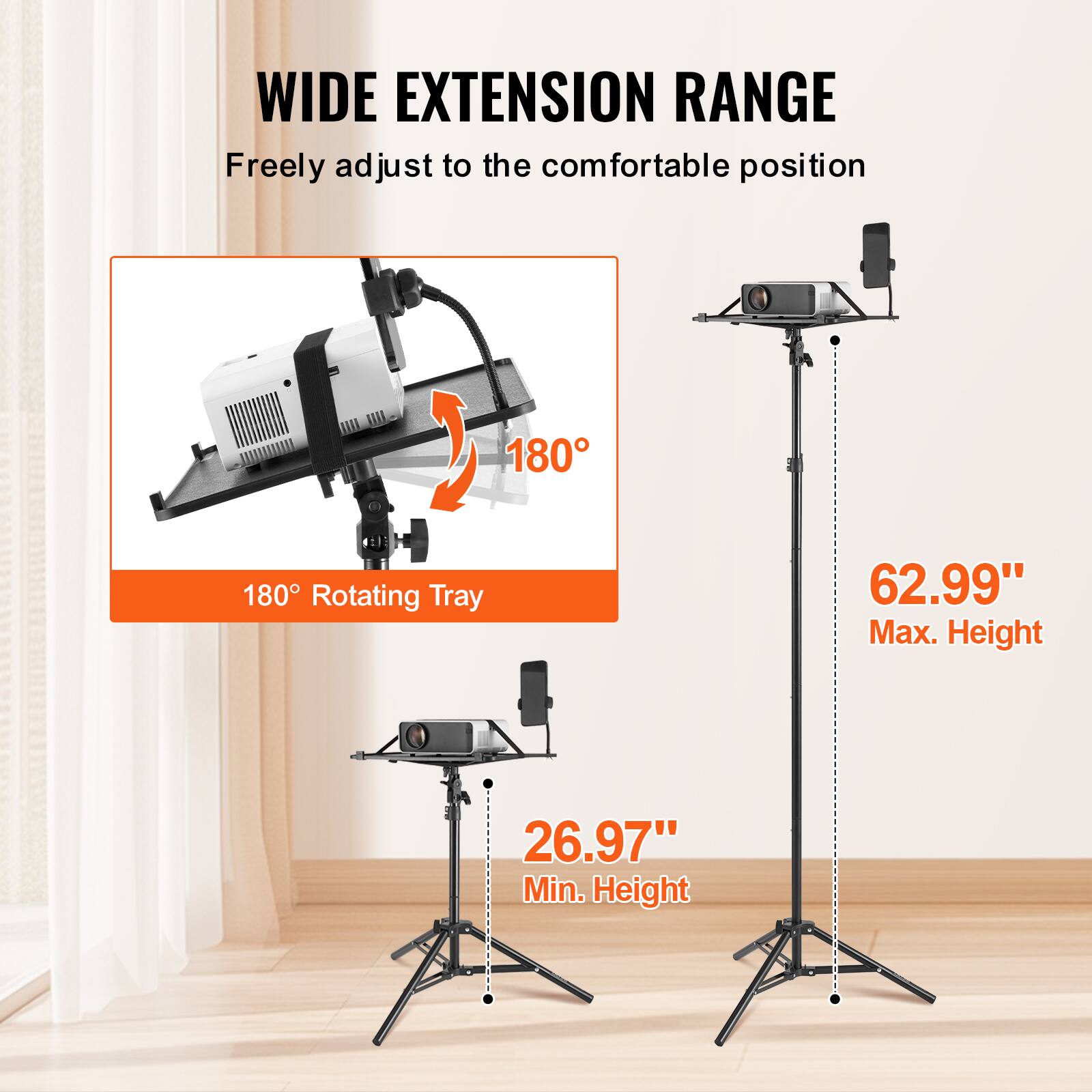 WIDE EXTENSION RANGE  
Freely adjust to the comfortable position  

180° Rotating Tray  

62.99" Max. Height  
26.97" Min. Height