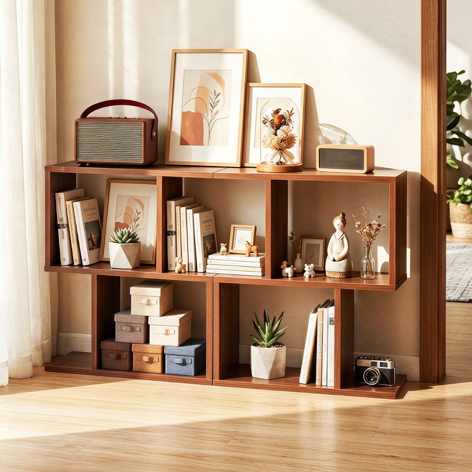 Alt View 5. Costway - Costway 3-Tier Bookshelf Free Standing Wooden Display S-Shaped Shelf Storage Rack - Walnut.