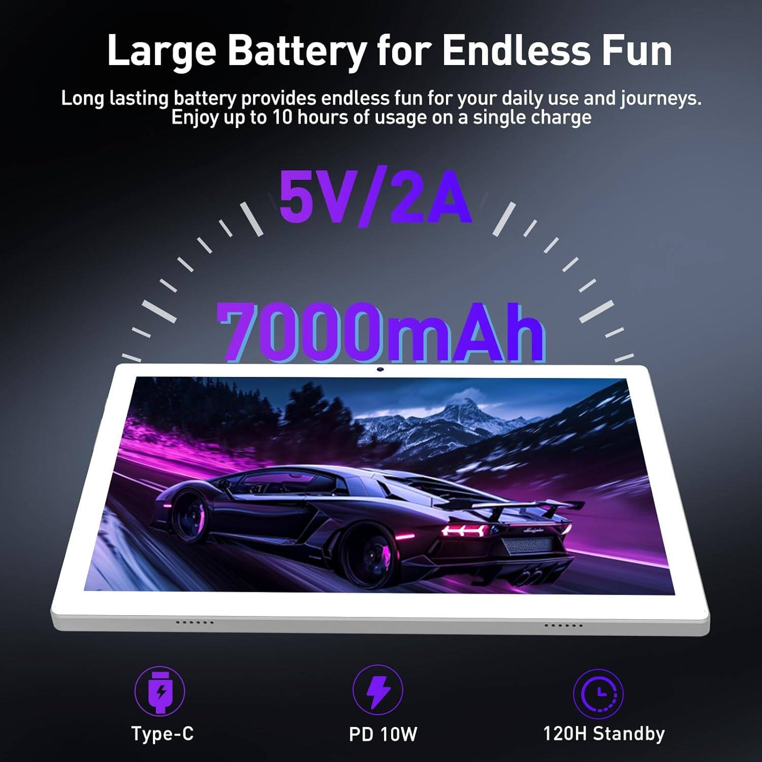 Large Battery for Endless Fun

Long lasting battery provides endless fun for your daily use and journeys. Enjoy up to 10 hours of usage on a single charge.

5V/2A  
7000mAh

Type-C  
PD 10W  
120H Standby