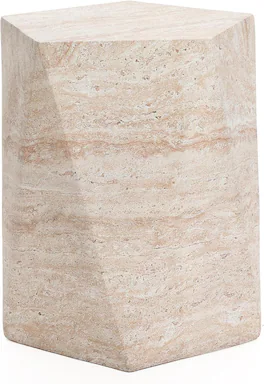 LeisureMod - Nexovo Geometric Side Table, Multi-Faceted Fiberstone Modern Indoor/Outdoor Accent Table - No Assembly - Travertine