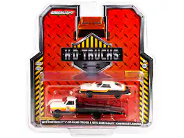 Greenlight - 1972 Chevrolet C-30 Ramp Truck with 1976 Chevrolet Chevelle Laguna Black White Stripes Armor All H.D. Trucks 1/64 - Black And White