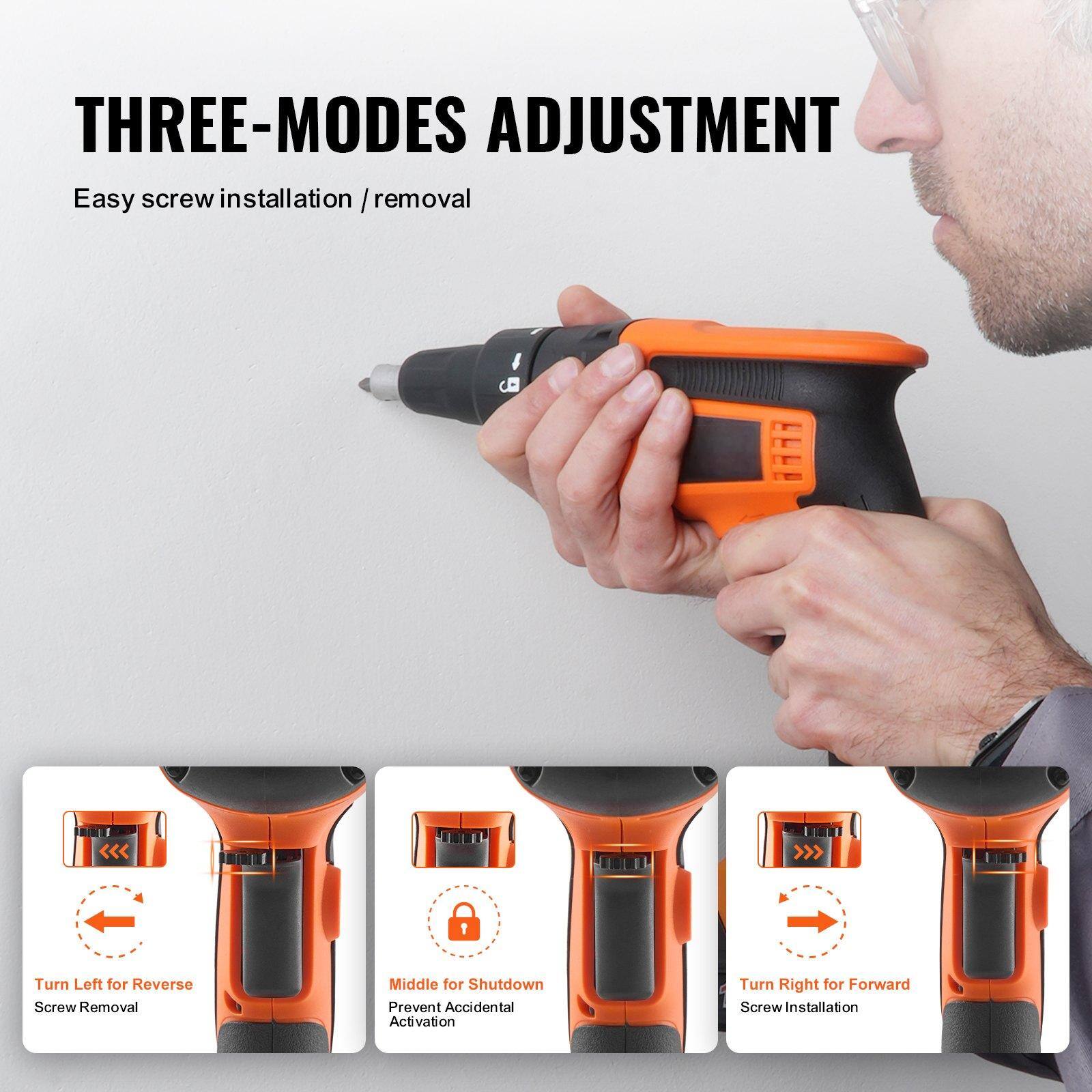 THREE-MODES ADJUSTMENT  
Easy screw installation / removal  

- Turn Left for Reverse Screw Removal  
- Middle for Shutdown Prevent Accidental Activation  
- Turn Right for Forward Screw Installation
