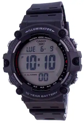 ILLUMINATOR 100M WATER RESIST CASIO ADJUST E WR 6- S LIGHT CHRONOGRAPH 10:10 AR 5 ALARMS MODE 00 10 START AL1 AL2 AL3 AL4 AL5 10 YEAR BATTERY