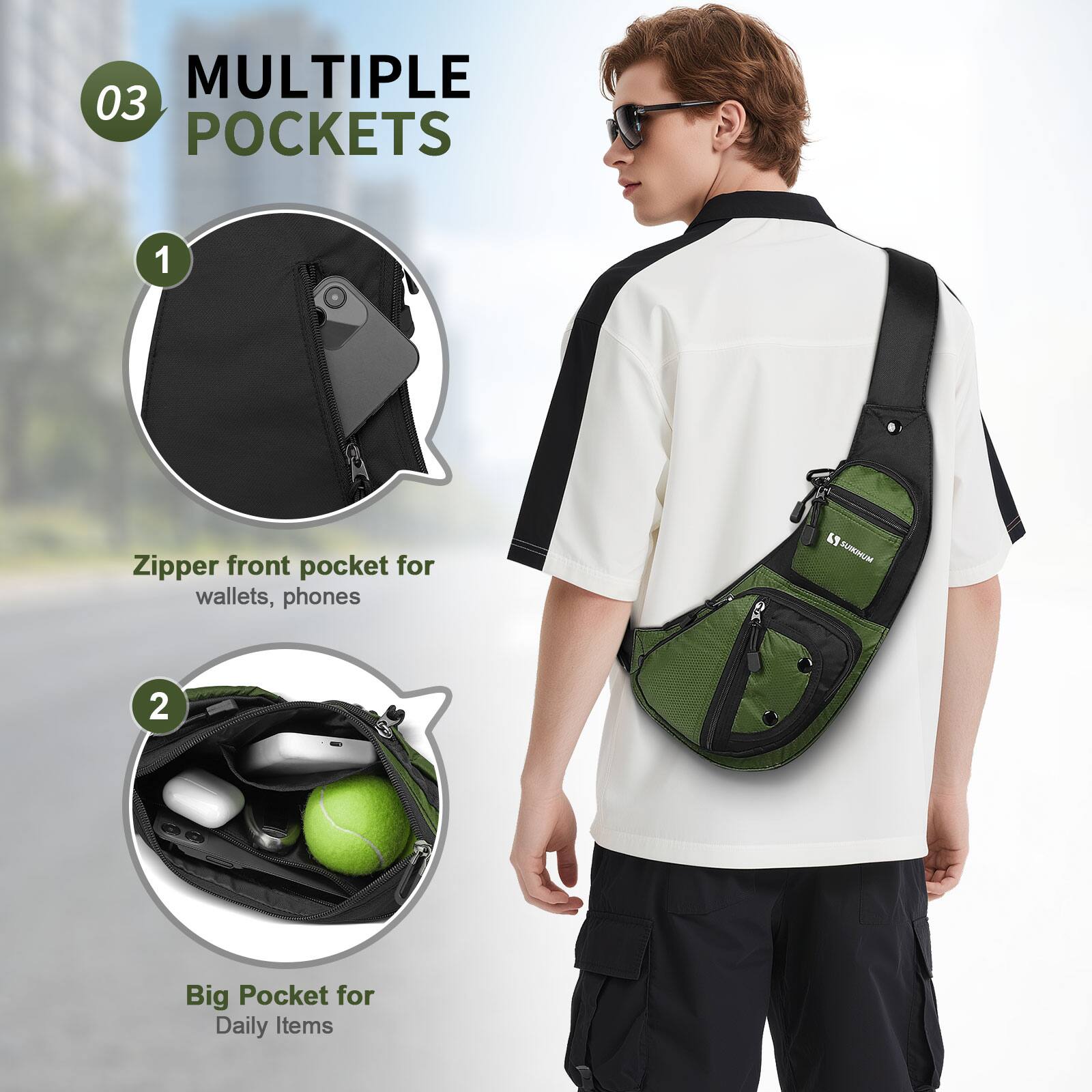 MULTIPLE POCKETS

1. Zipper front pocket for wallets, phones

2. Big Pocket for Daily Items