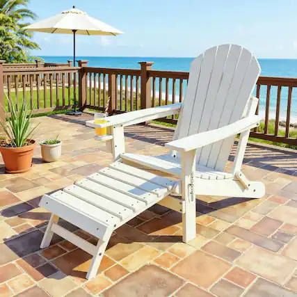 Front. Kadyn - Folding Adirondack Chair, Patio All-Weather Folding Adirondack Chair with Pull-Out Ottoman,Patio Chairs-White - White.
