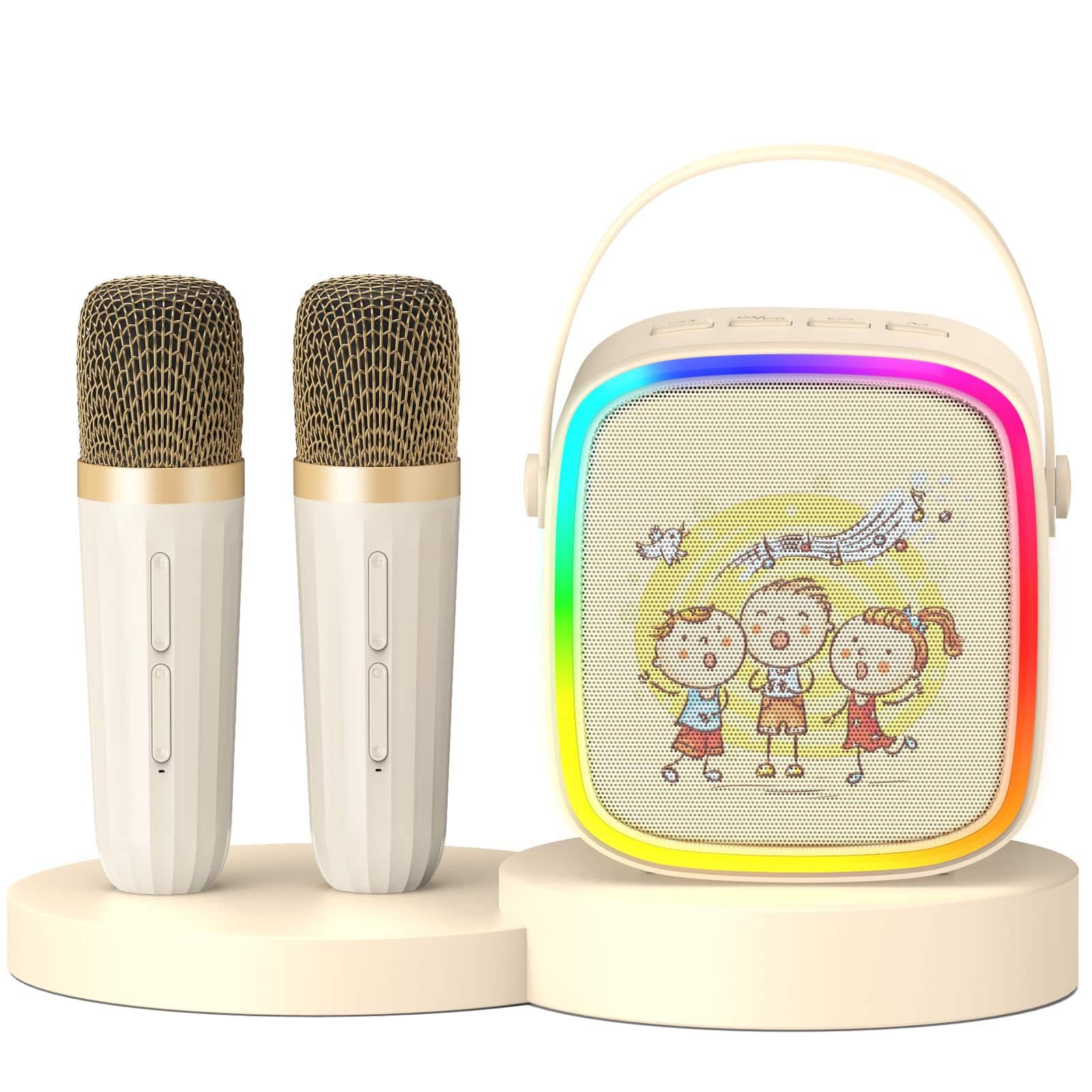 Cedar Assembly - Mini Karaoke Machine For Kids Portable With 2 Microphones Colorful Led Lights Home Parties Music Toys Fam - Beige-2 Mic