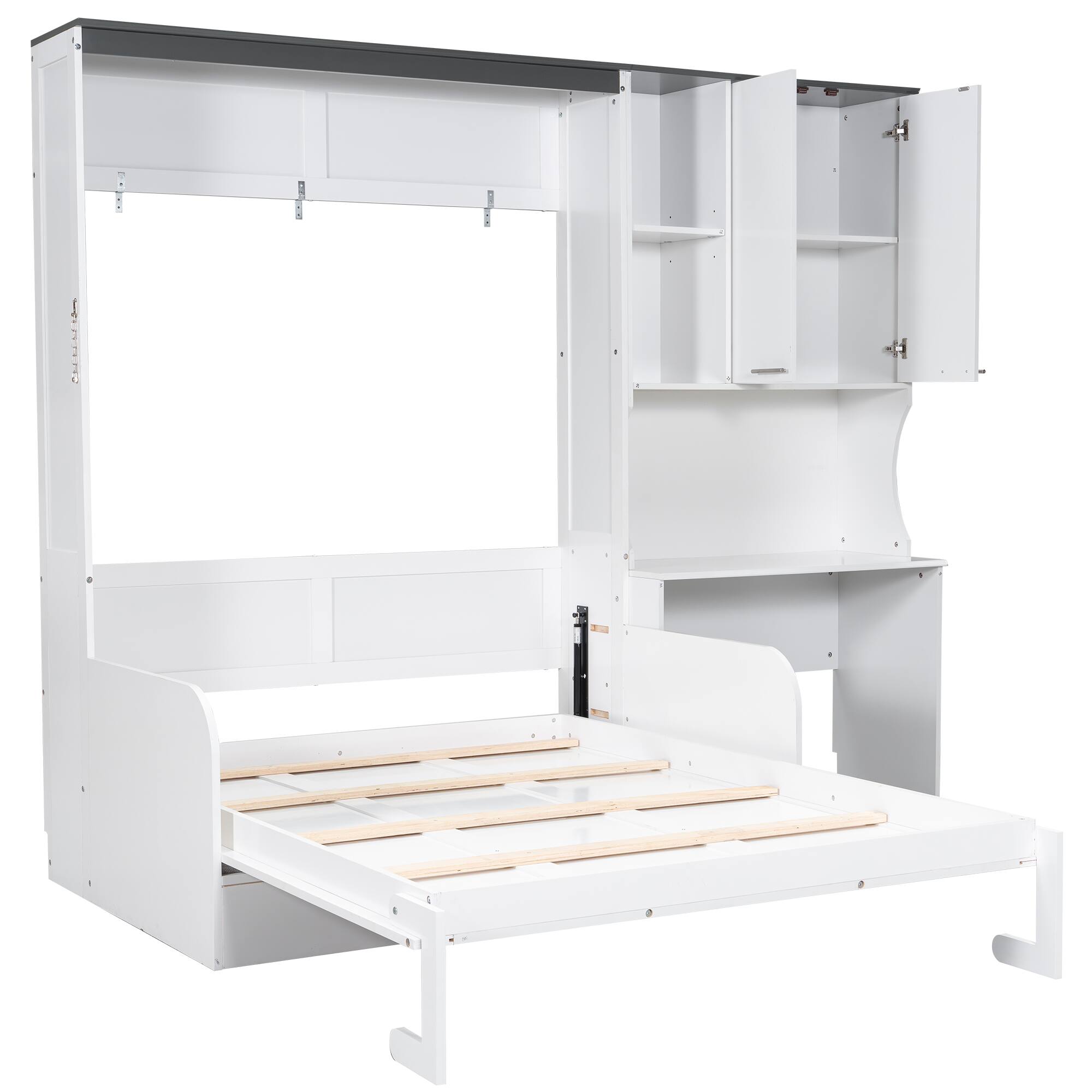 Alt View 2. Whisen - Full Size Murphy Bed with Folding Sofa, Integrated Desk and Storage Cabinet, Space-Saving Bed - White.
