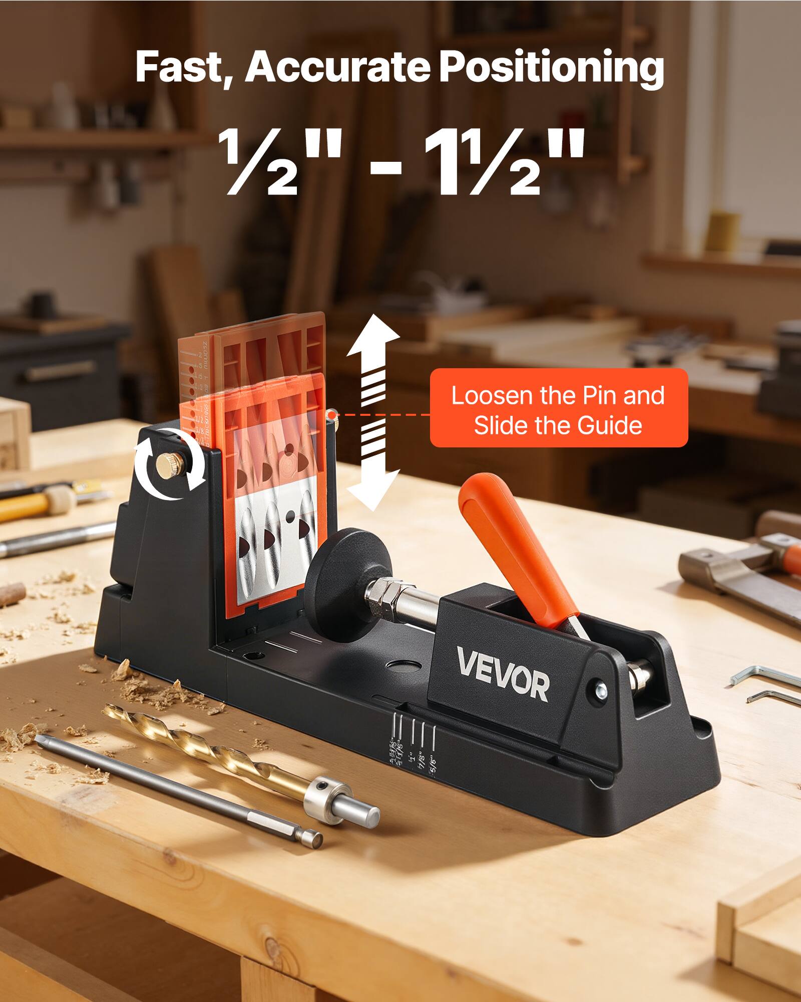 Fast, Accurate Positioning  
1/2" - 1 1/2"  

Loosen the Pin and Slide the Guide  

VEVOR
