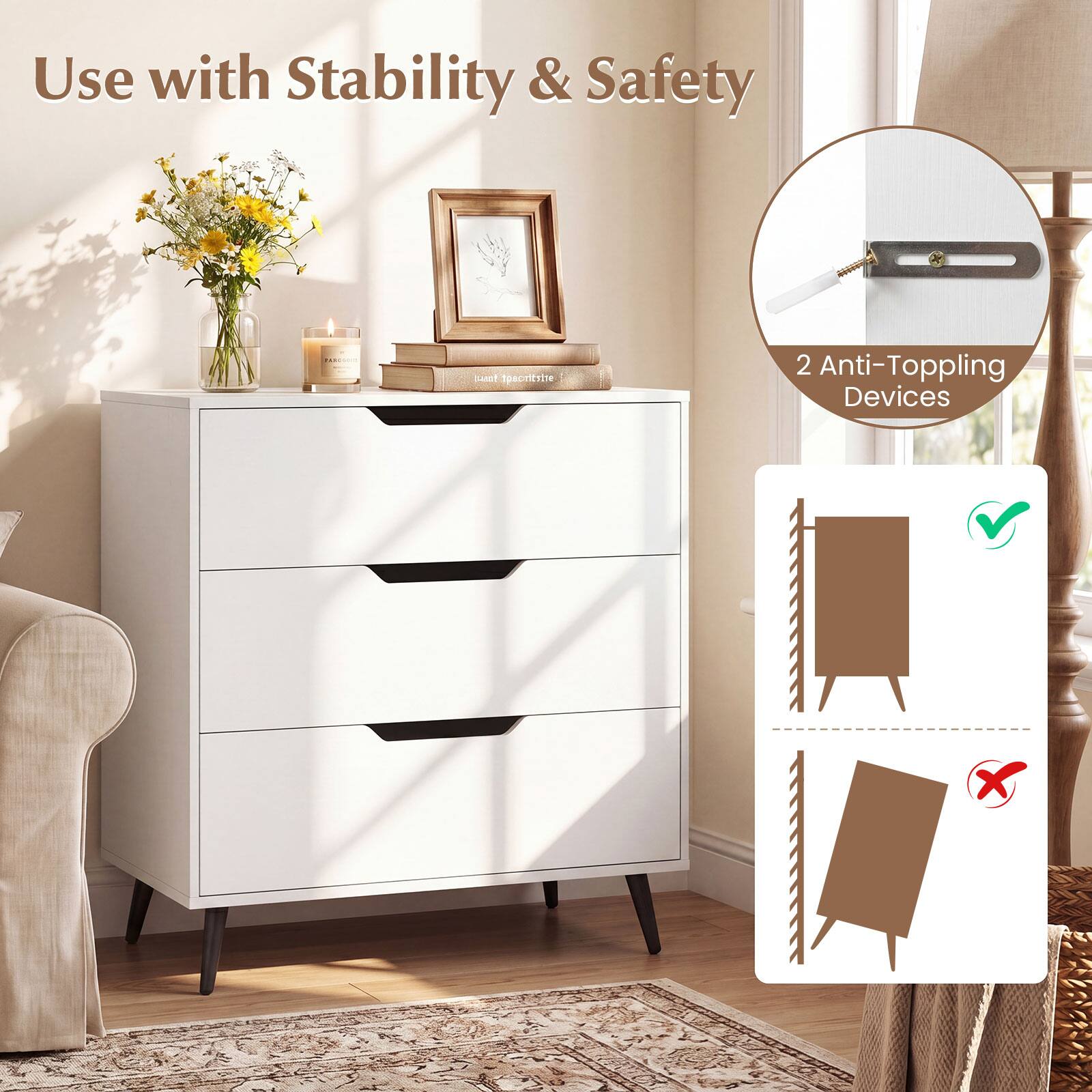 Use with Stability & Safety

2 Anti-Topping Devices