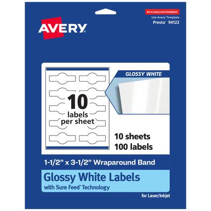 Go to avery.com/templates
AVERY
Use Avery Template Presta® 94122
GLOSSY WHITE
10 labels per sheet
10 sheets
100 labels
1-1/2" x 3-1/2" Wraparound Band Glossy White Labels with Sure Feed Technology for Laser/Inkjet
