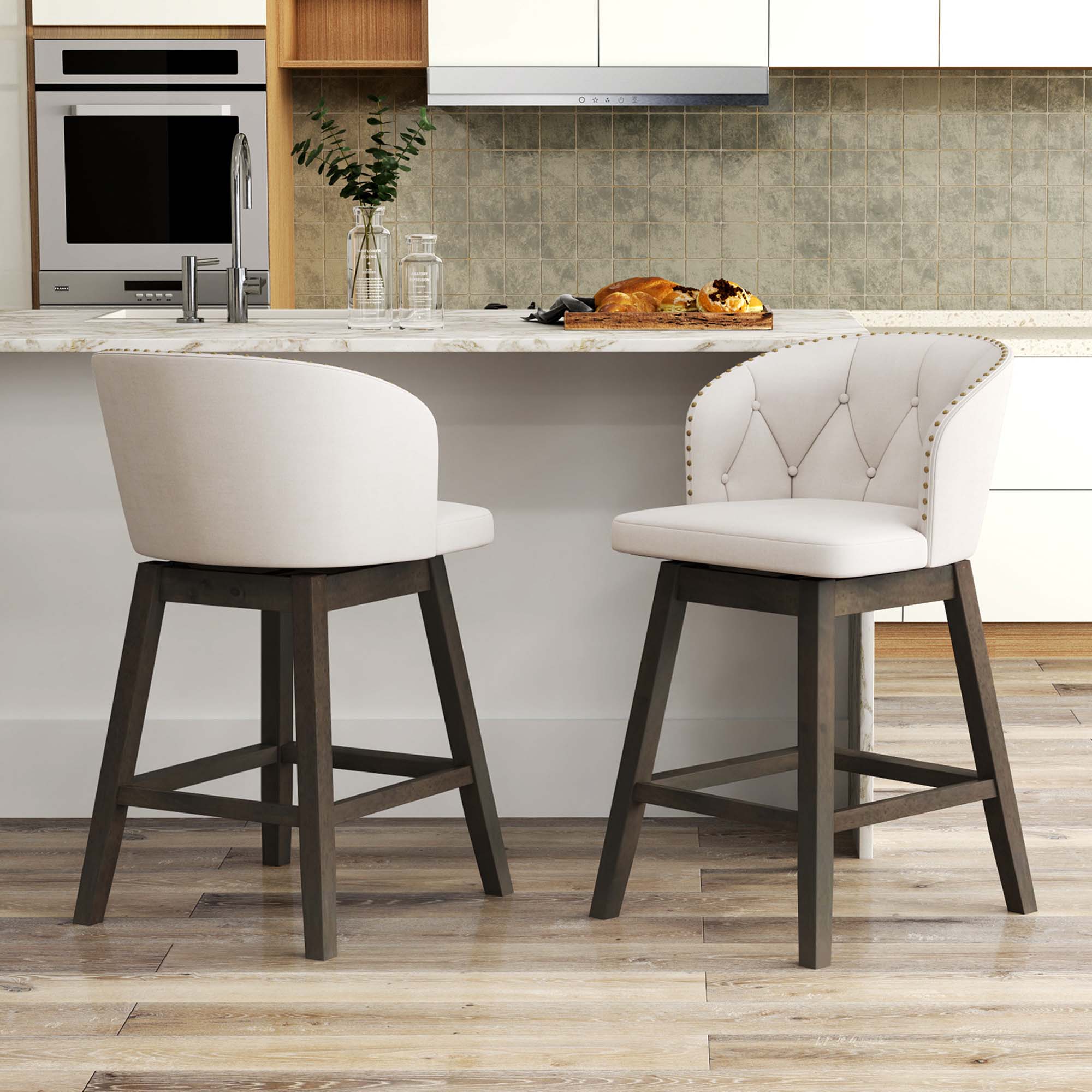 Alt View 1. Costway - 2 PCS Counter Height Bar Stools Fabric Upholstered Island Stools with 360° Swivel Seat - Beige/Brown.