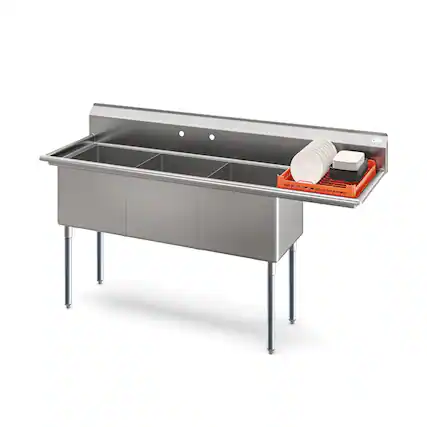 Front. Koolmore - 75 in. Three Compartment Sink Bowl Size 18x18x14 Stainless-Steel 18 Gauge with Right Drainboard - Stainless Steel.