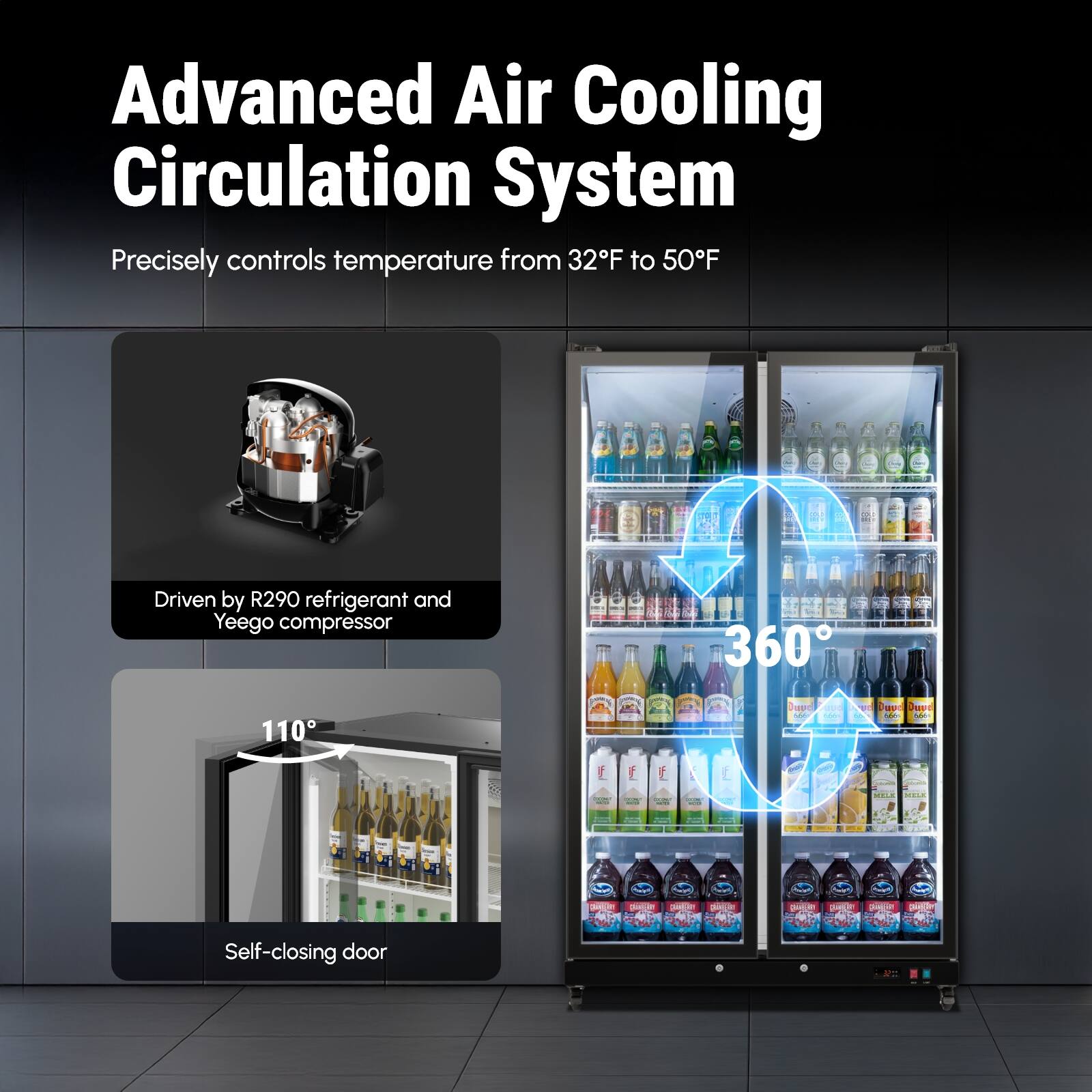 Advanced Air Cooling Circulation System  
Precisely controls temperature from 32°F to 50°F  
Driven by R290 refrigerant and Yeego compressor  
360°  
110 W  
Self-closing door