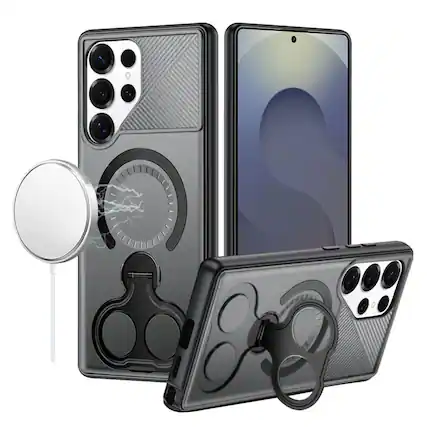 Front. Kitcheniva - Magnetic Circle Dual 360 Ring Stand Phone Case With Tempered Glass For Samsung Galaxy S25 Ultra Gray - Gray.