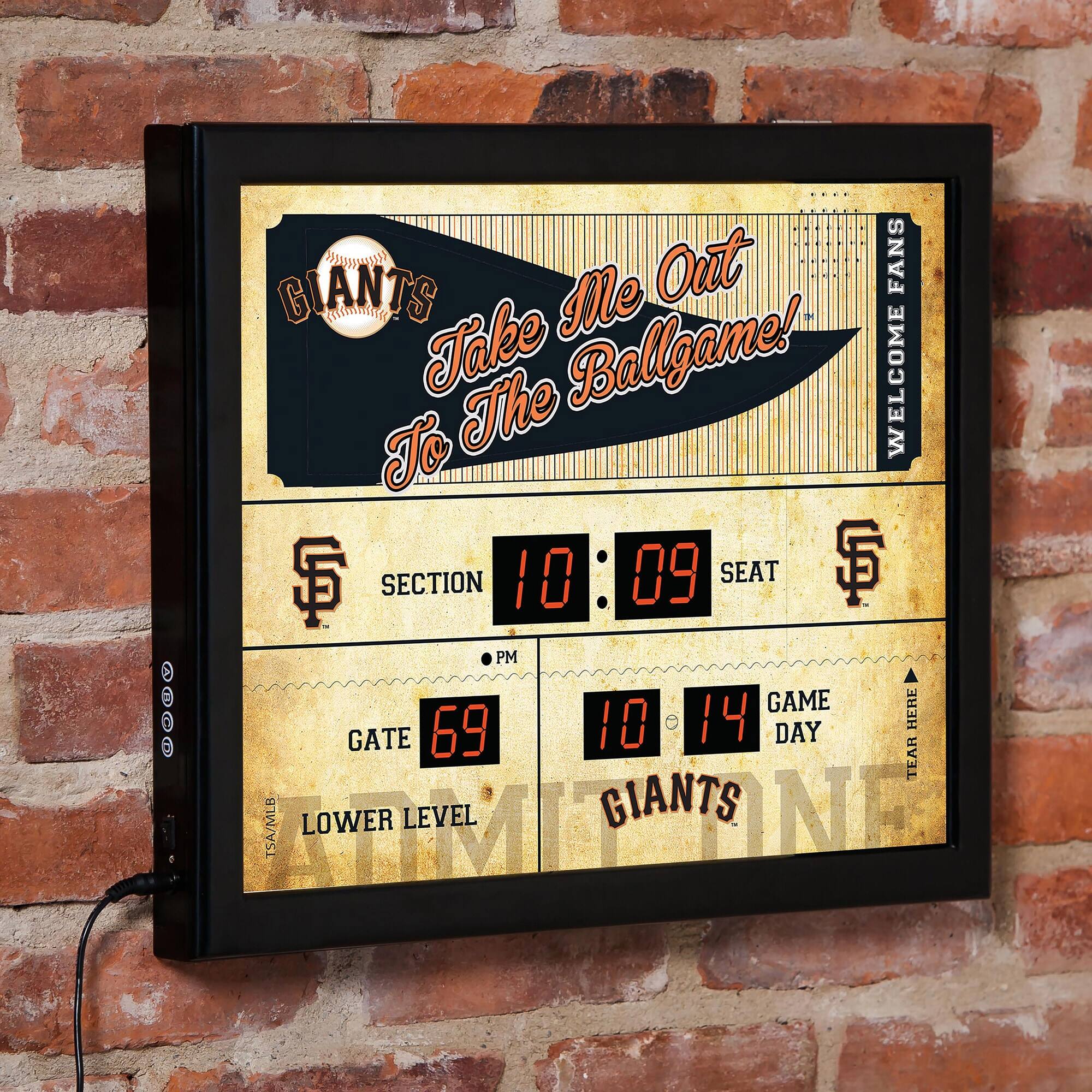 GIANTS Take Me Out To The Ballgame!  
WELCOME FANS  
SECTION 10  
SEAT 09  
PM  
GATE 69  
GAME DAY 10 14  
LOWER LEVEL  
GIANTS