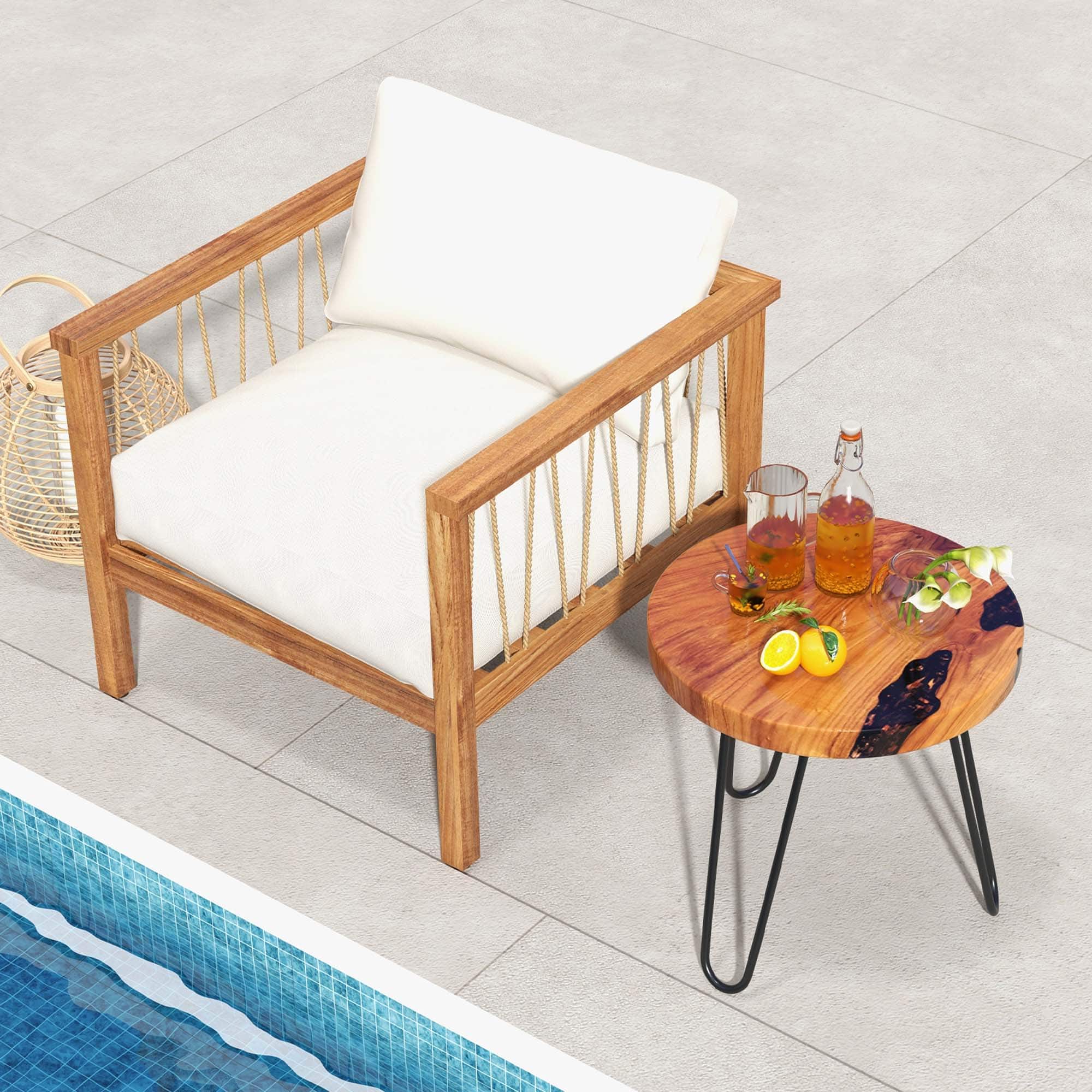 Back. Costway - 20" Round Teak Wood End Table Solid Live Edge Outdoor Side Table with Metal Frame - Brown.