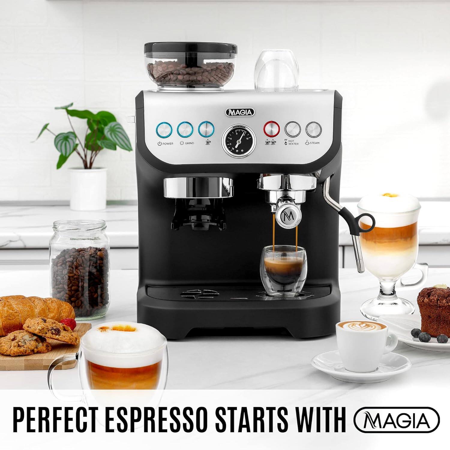 Magia Zulay Kitchen Magia Manual Espresso Machine with Grinder and Milk