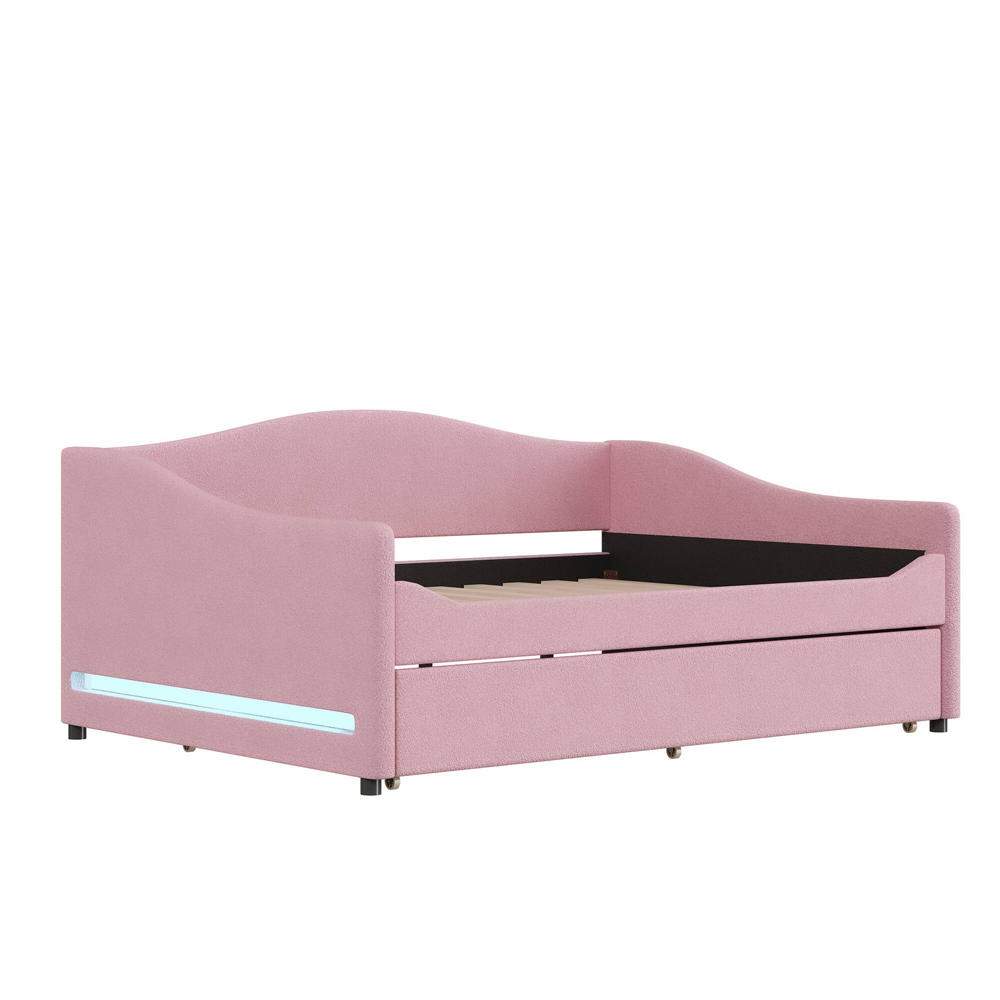 Left. Tiramisubest - Teddy Fleece Full Size Upholstered Daybed with Light and Trundle, Pink - Pink.