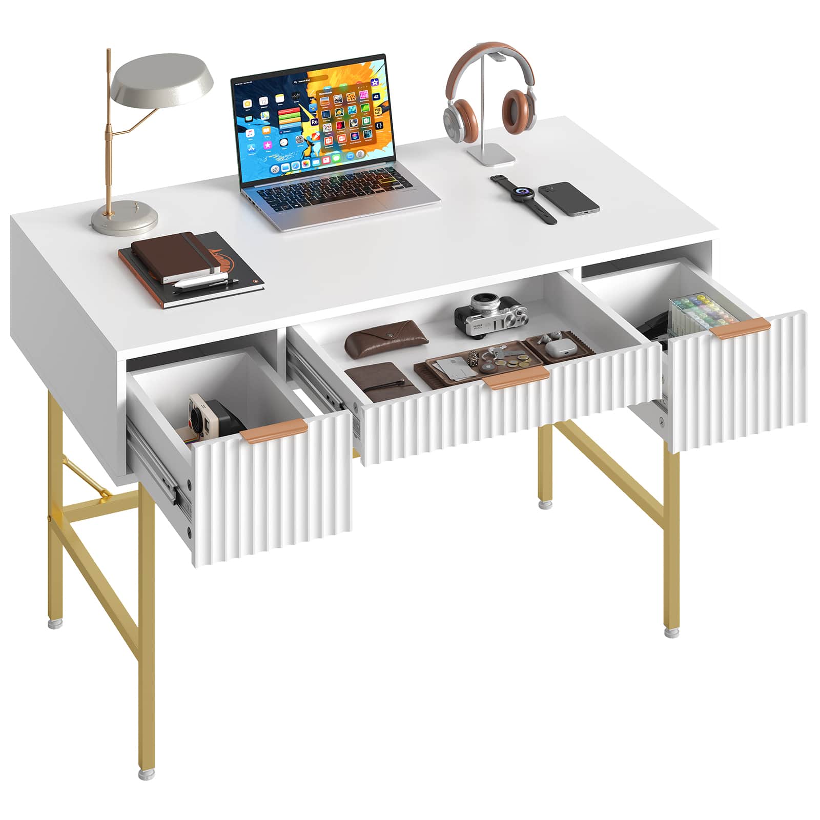 Front. Bestier - Bestier 47inch Fluted Vanity Makeup Desk Big Computer Gaming Desk with 3 Drawers - White.