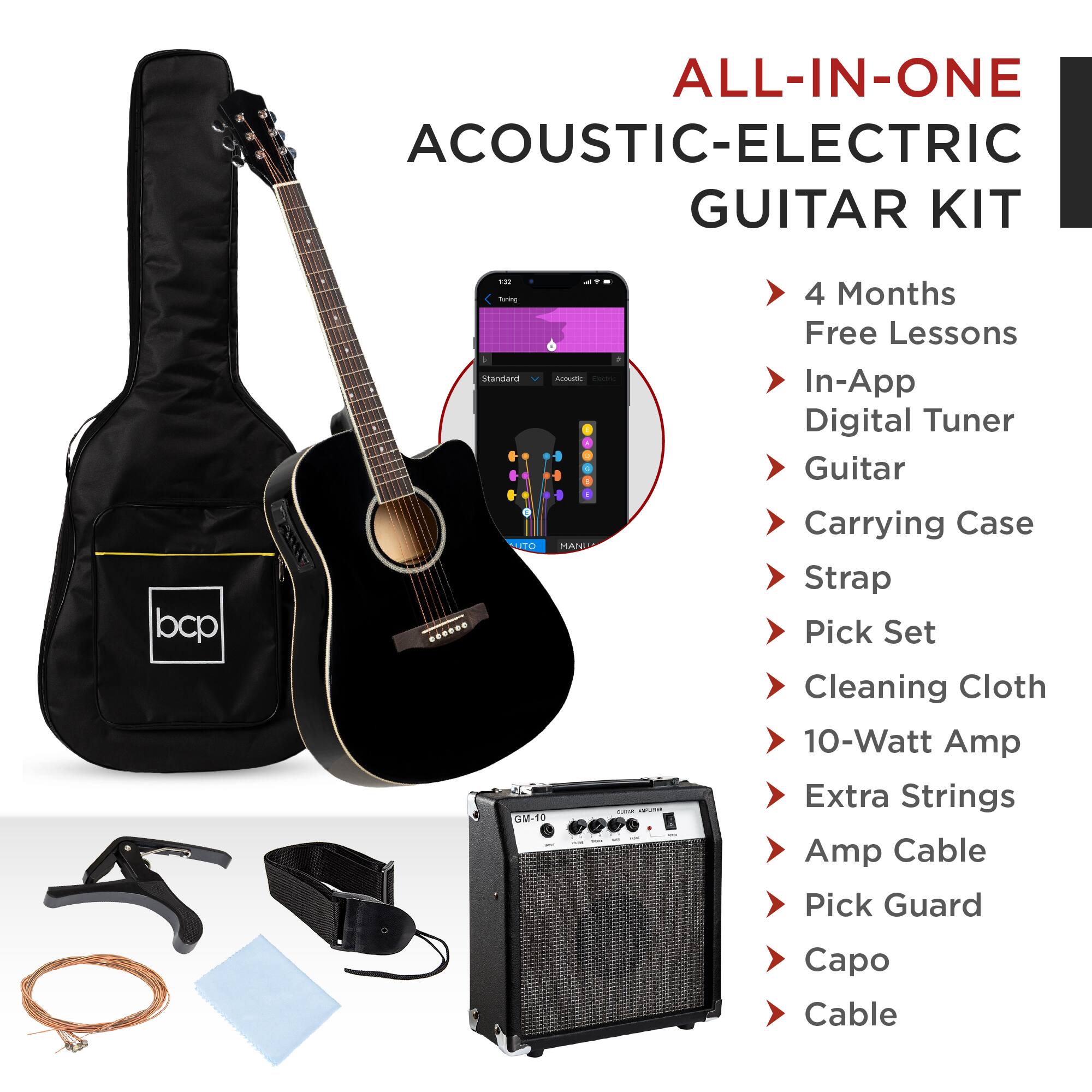 ALL-IN-ONE ACOUSTIC-ELECTRIC GUITAR KIT

- 4 Months Free Lessons
- In-App Digital Tuner
- Guitar
- Carrying Case
- Strap
- Pick Set
- Cleaning Cloth
- 10-Watt Amp
- Extra Strings
- Amp Cable
- Pick Guard
- Capo
- Cable