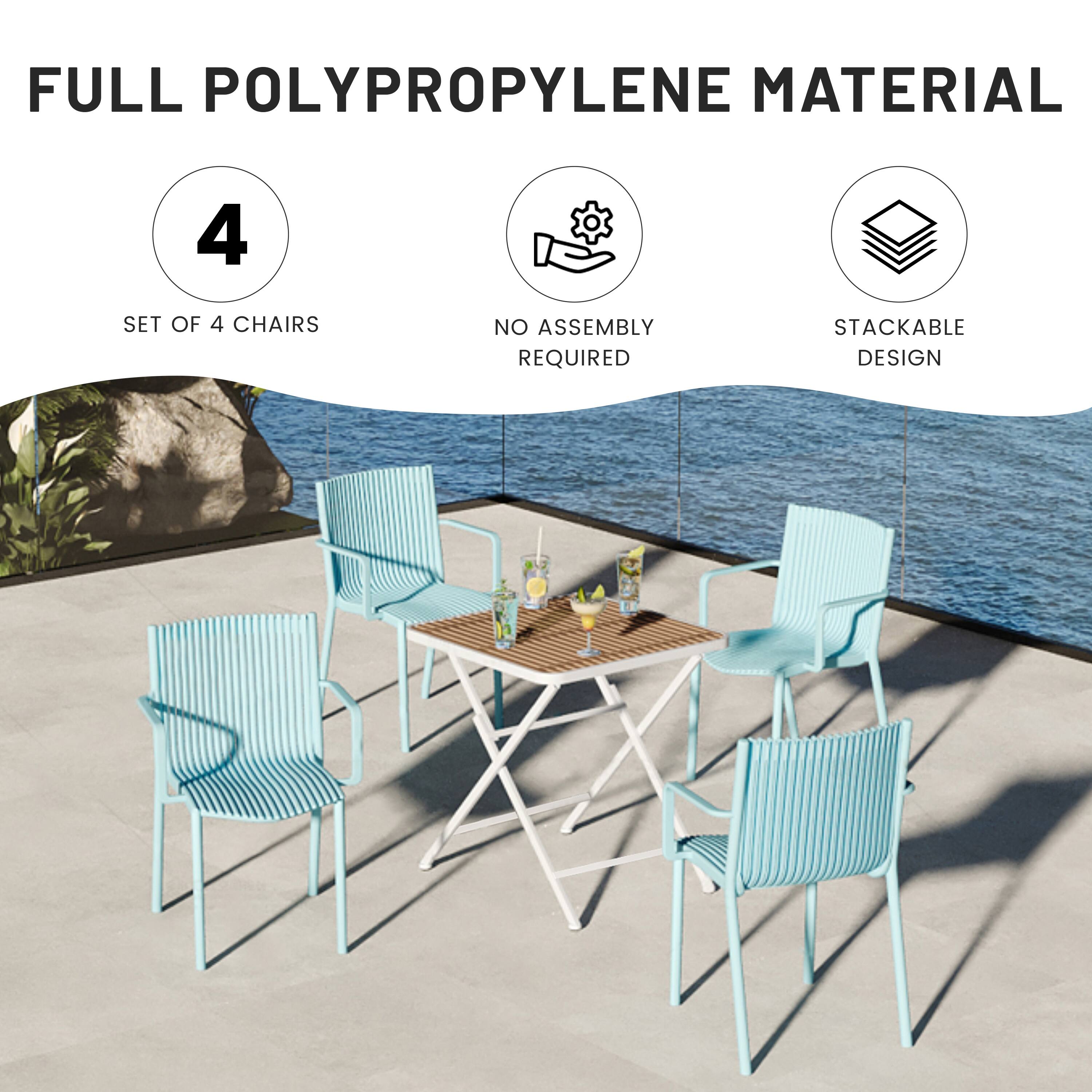 FULL POLYPROPYLENE MATERIAL  
4 SET OF 4 CHAIRS  
NO ASSEMBLY REQUIRED  
STACKABLE DESIGN