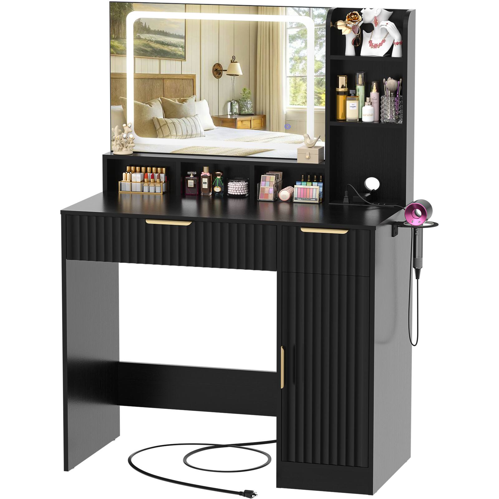 Angle. Aheaplus - Fluted Makeup Vanity Desk with Lighted Mirror and Drawers, Wooden Vanity Table with Outlets and Storage Cabinet - Black.