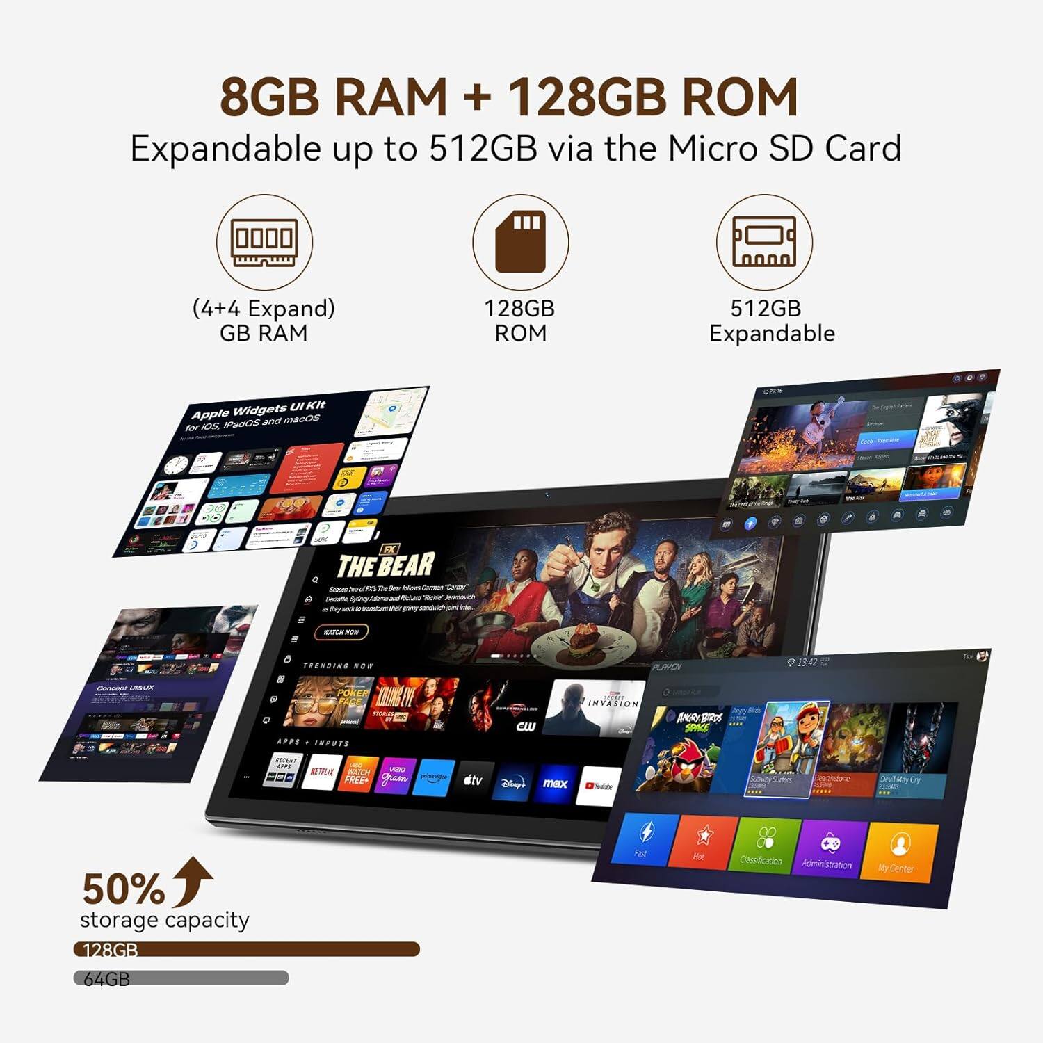 8GB RAM + 128GB ROM
Expandable up to 512GB via the Micro SD Card
(4+4 Expand) GB RAM
128GB ROM
512GB Expandable
Apple Widgets UI Kit for iOS, iPadOS and macOS
THE BEAR
50% storage capacity
128GB
64GB
TRENDING NOW
APPS INPUTS
...