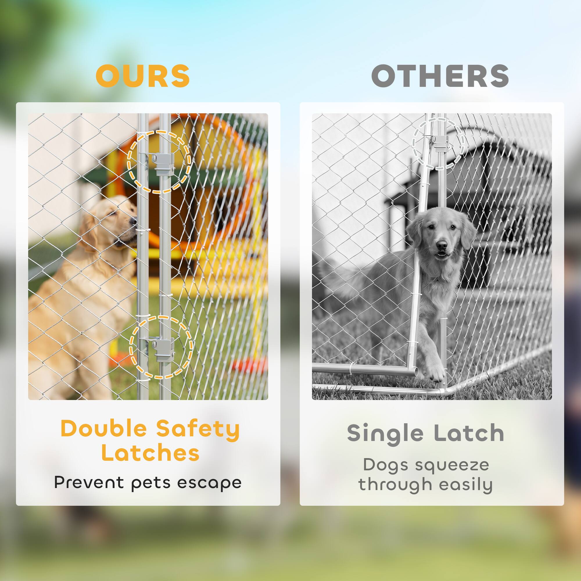 OURS  
Double Safety Latches  
Prevent pets escape  

OTHERS  
Single Latch  
Dogs squeeze through easily