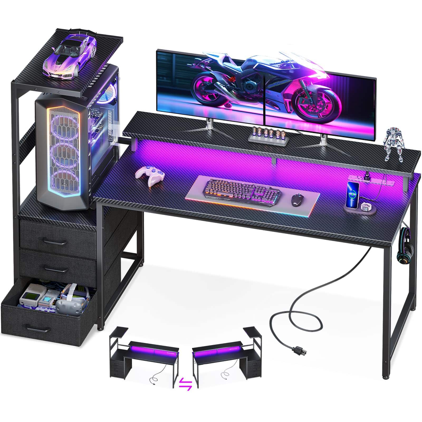 AODK - Reversible Gaming Desk with LED Lights,Charging Station,Fabric Drawers, Monitor Stand and Side Hook - Black