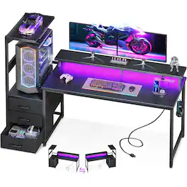 AODK - Reversible Gaming Desk with LED Lights,Charging Station,Fabric Drawers, Monitor Stand and Side Hook - Black