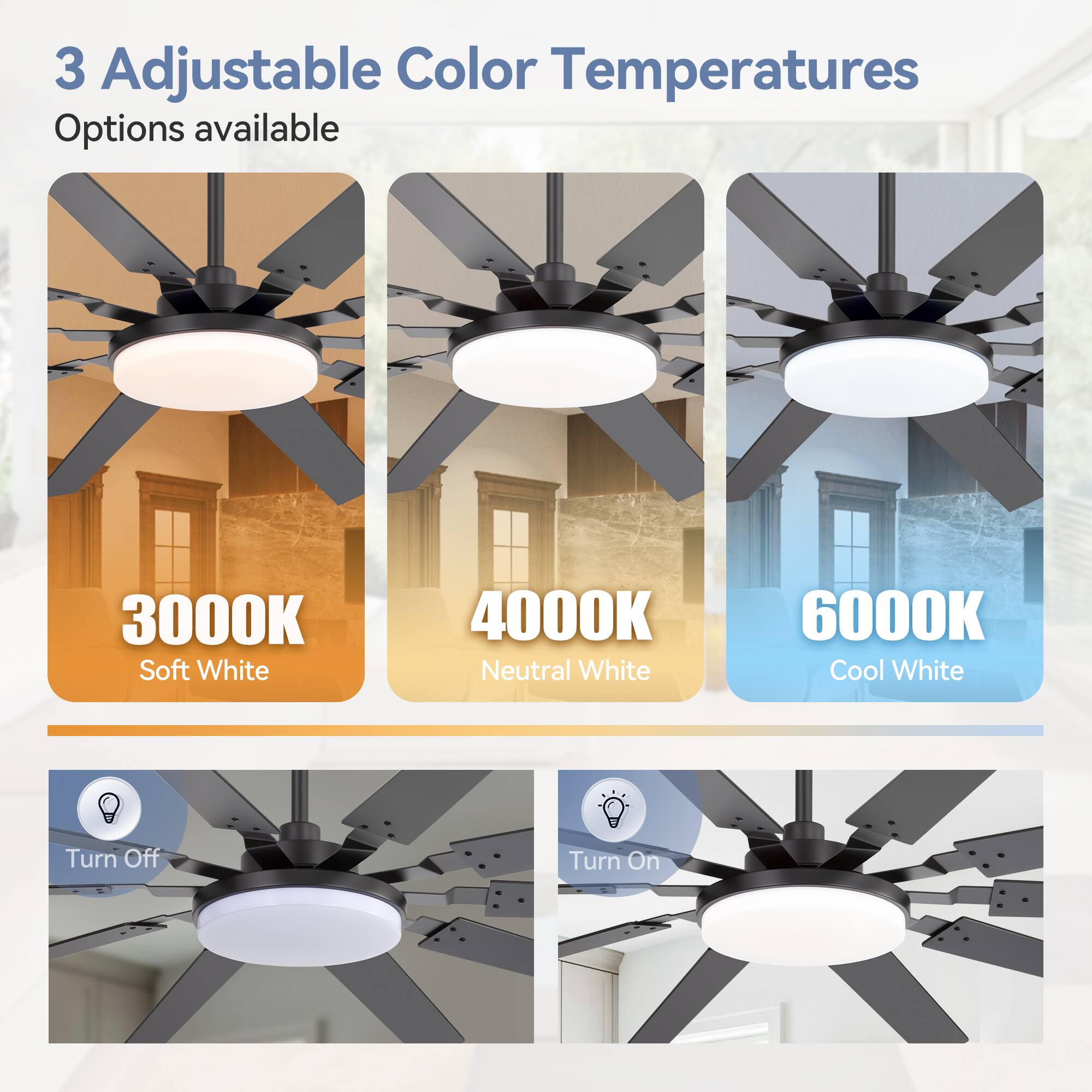 3 Adjustable Color Temperatures Options available
3000K Soft White
4000K Neutral White
6000K Cool White
Turn Off
Turn On