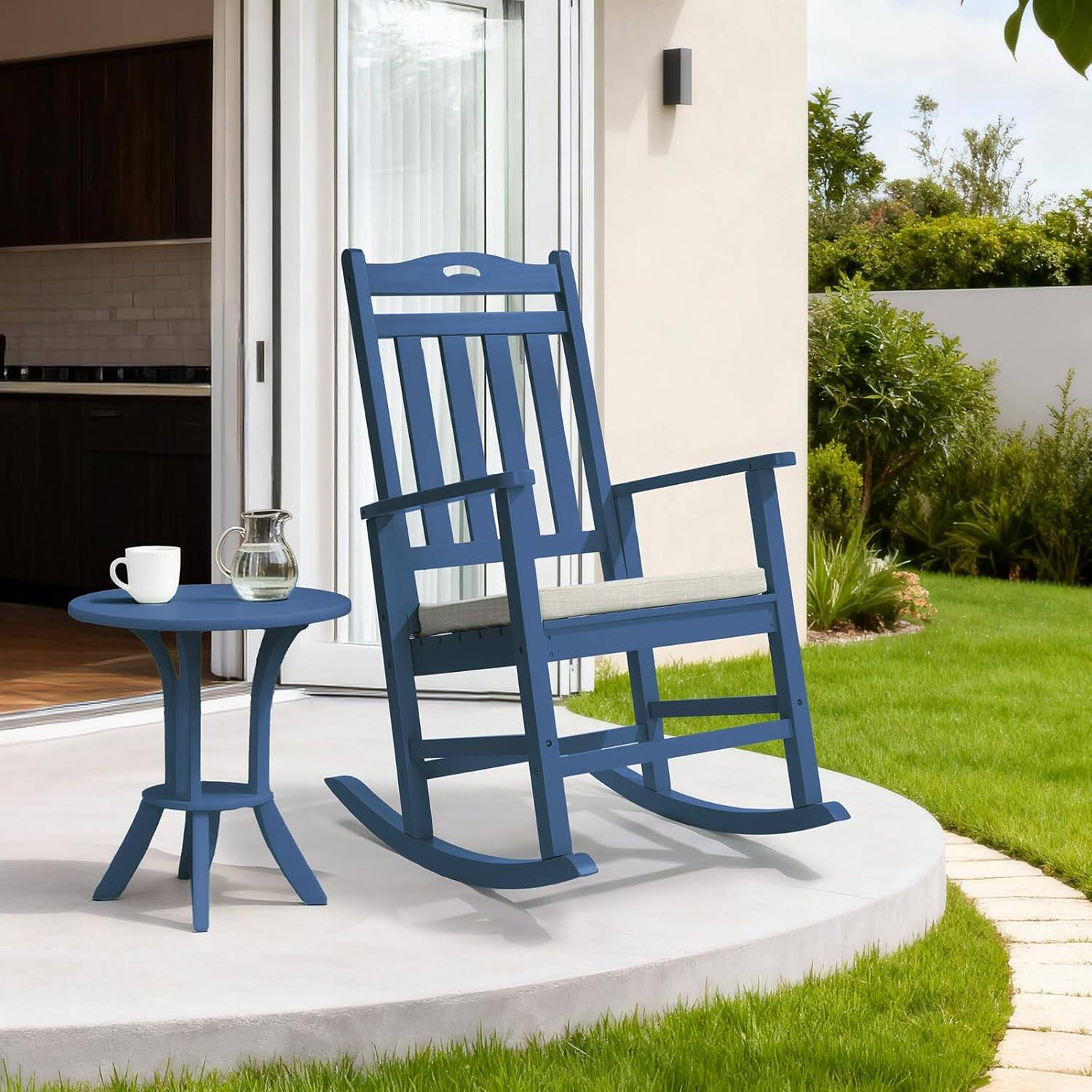 Alt View 9. Winado - Wooden Rocking Chair, Heavy Duty 450LBS with High Backrest, Cushion All-Weather Lounge Rocker Support for Outdoor Garden - Navy Blue.