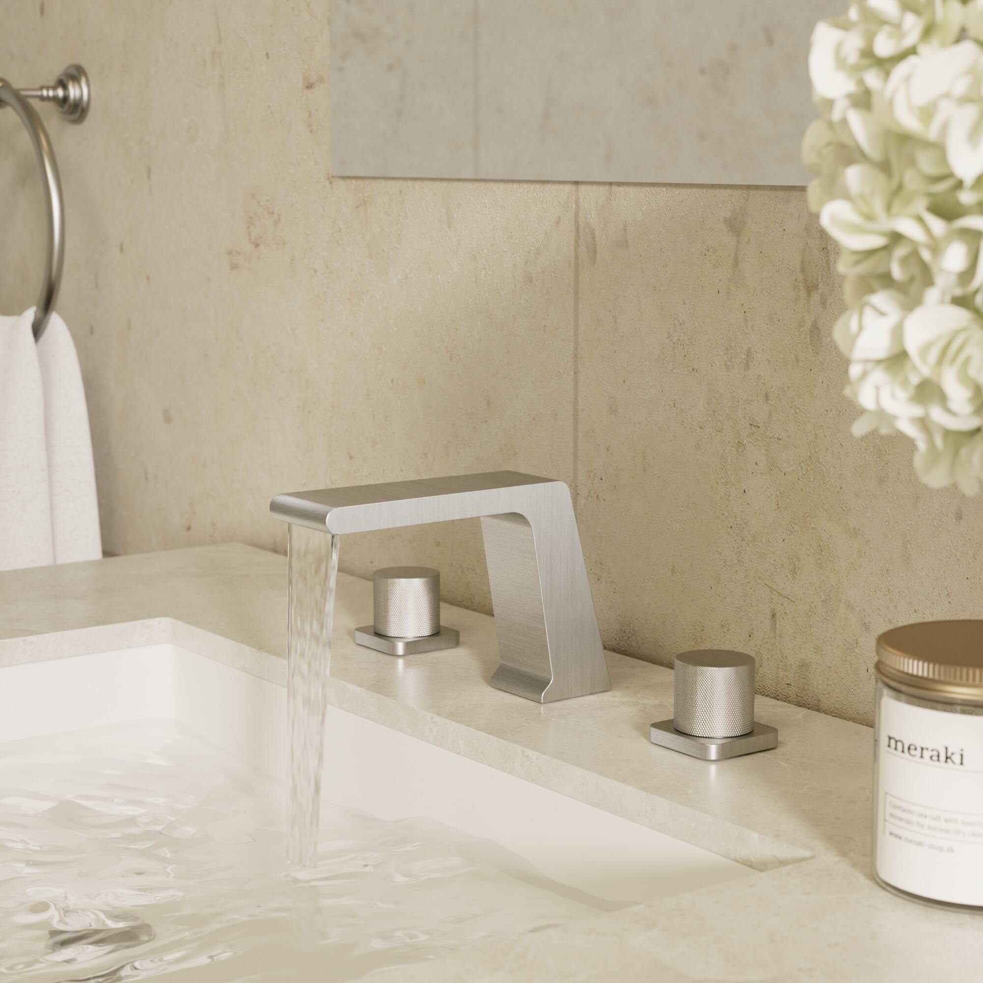 Angle. GRANDJOY - 3‑Hole Waterfall Bathroom Sink Faucet with Dual Handles, and Wide Spout for Modern Vanity Spaces - Brushed Nickel.