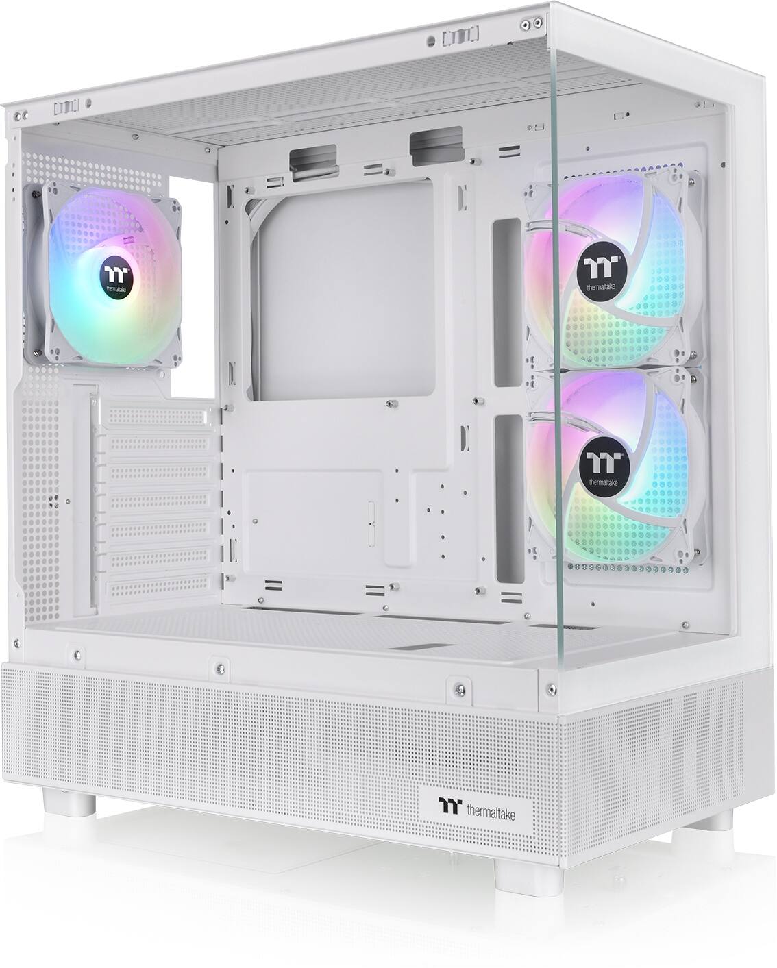 DITC is a company that manufactures and sells computer cases, such as the one in the image. The case in the image is a white, glass-fronted computer case with two fans on the side. The fans are designed to help cool the computer and ensure optimal performance. The case is made by the company Thermaltake, which is known for its high-quality computer components and accessories.