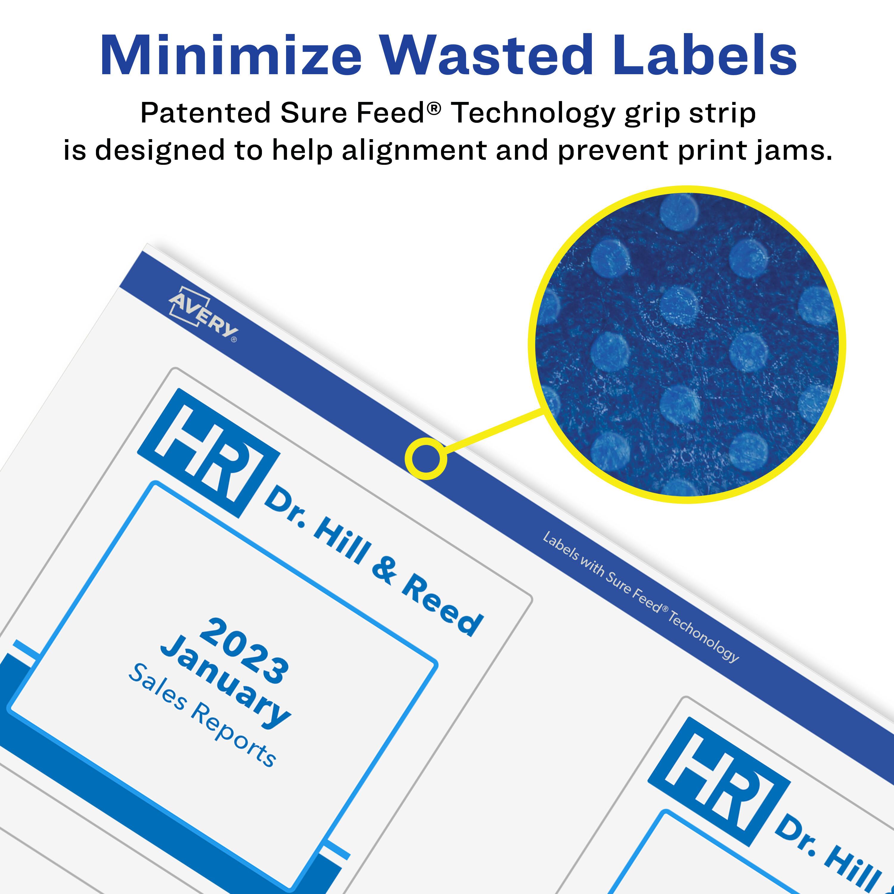 Minimize Wasted Labels

Patented Sure Feed® Technology grip strip is designed to help alignment and prevent print jams.

AVERY

HR Dr. Hill & Reed

January 2023 Reports

Labels with Sure Feed® Technology