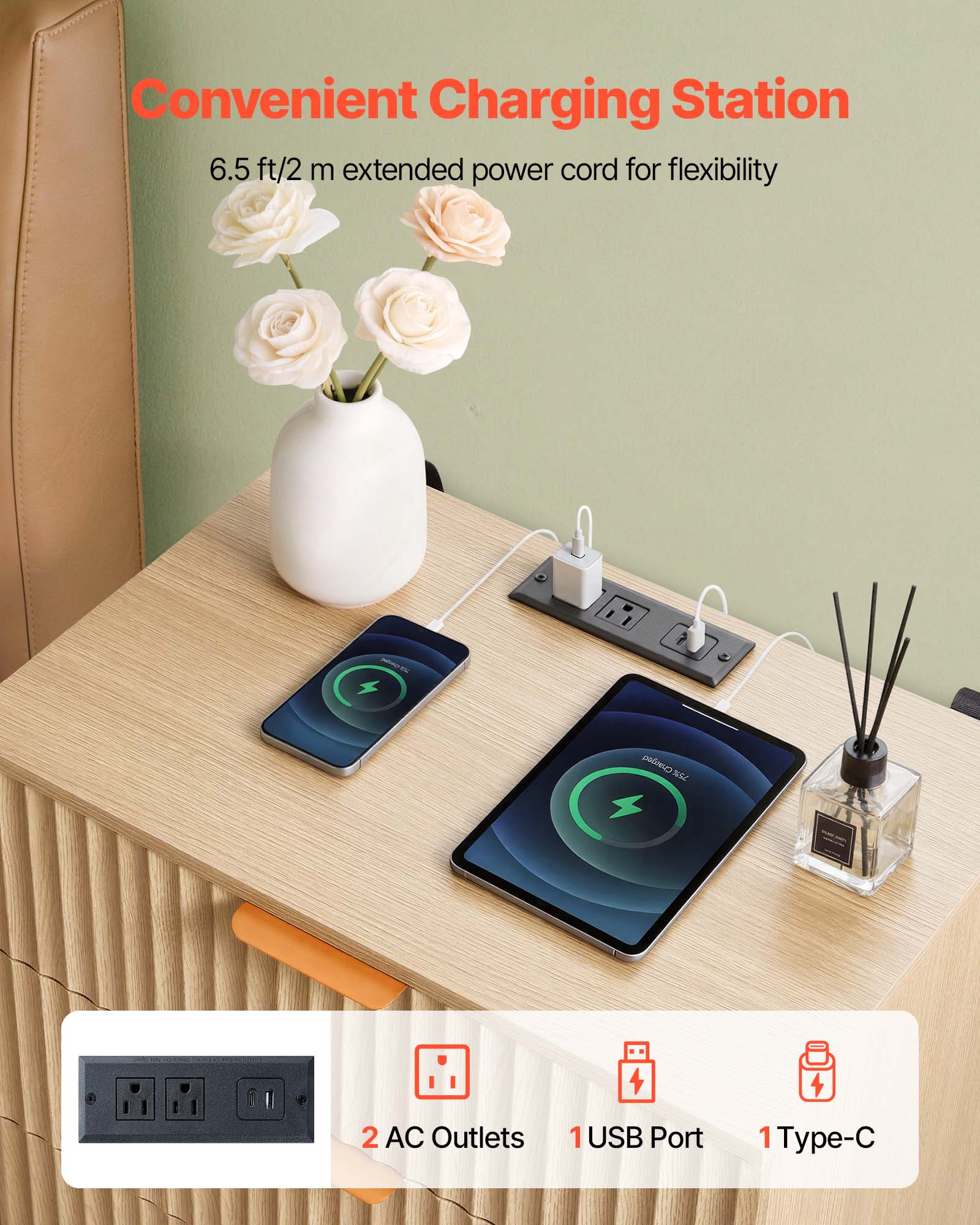 Convenient Charging Station  
6.5 ft/2 m extended power cord for flexibility  

2 AC Outlets  
1 USB Port  
1 Type-C