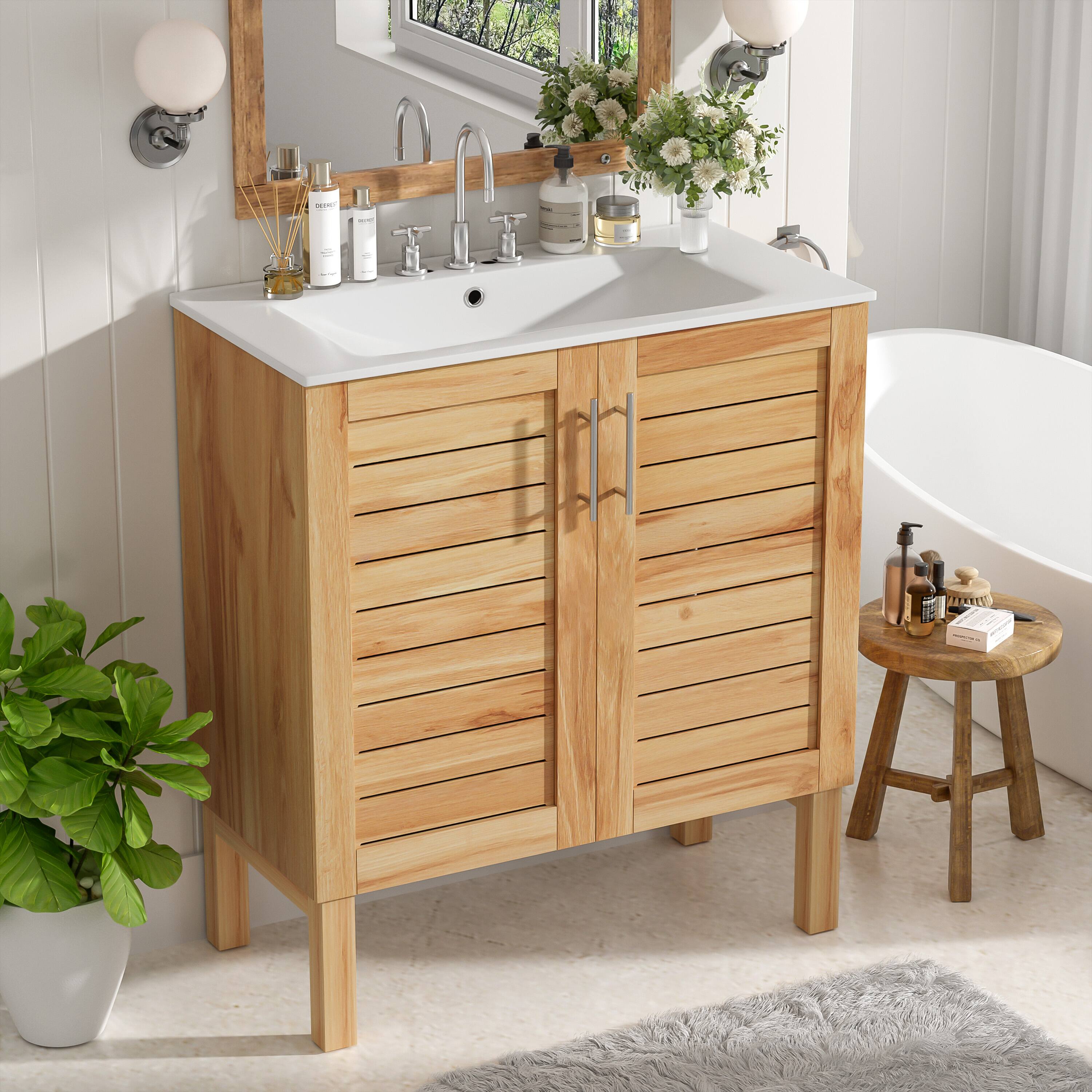 Alt View 5. Loheer - 2.5 ft Antique Bathroom Vanity with Ceramic Sink and Soft Close Cabinet - Antique Natural,Brown.