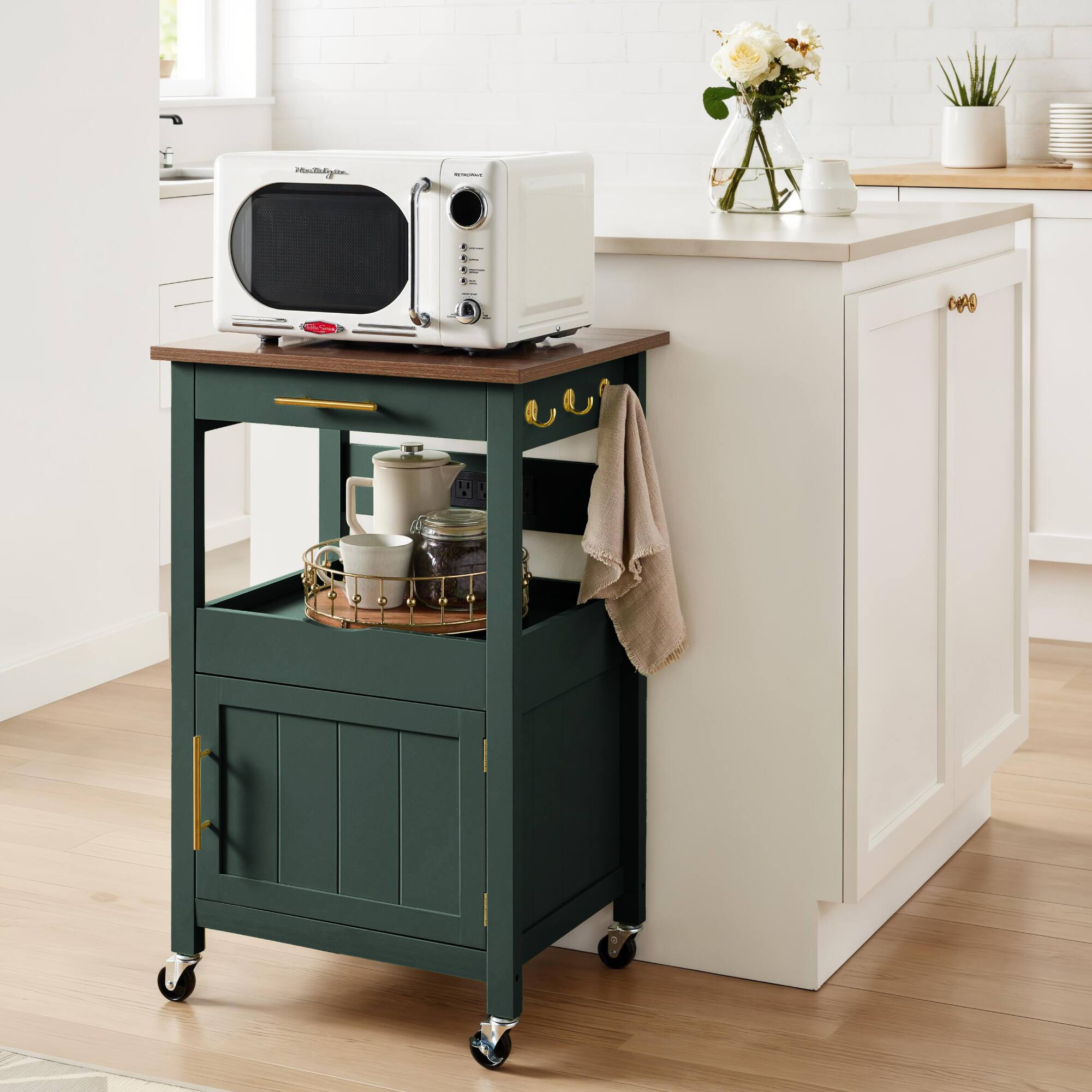 Alt View 5. Best Choice Products - Best Choice Products Rolling Kitchen Island Cart, Cabinet W/ Drawer, Sliding Tray, Outlet, Wheels, Hooks - Forest Green - Forest Green.